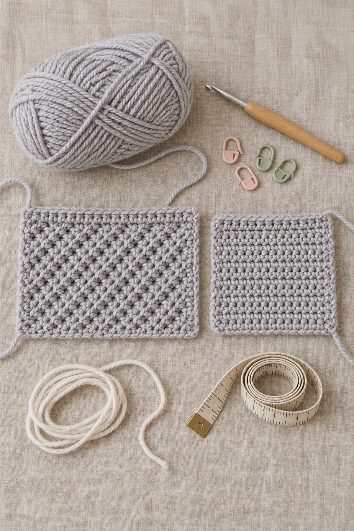 Pearl-gray DK yarn, hook, two herringbone and single crochet swatches, markers, basting yarn and tape