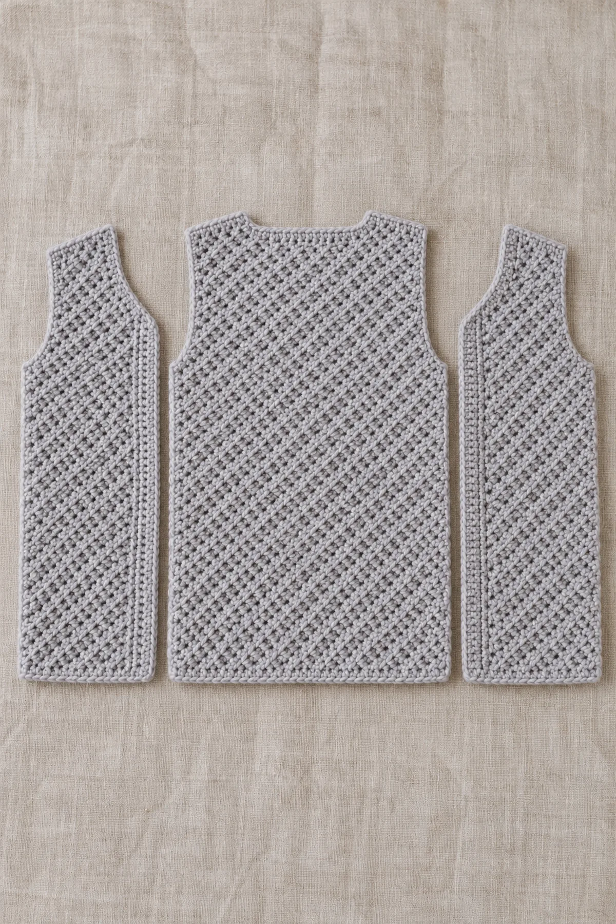 Separate gray herringbone back and mirrored V-sloped front panels before shoulder seams; no collar yet