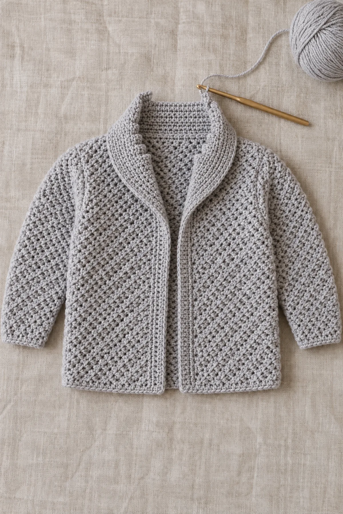 Gray assembled herringbone cardigan with both long sleeves and stepped short-row collar in progress at upper opening