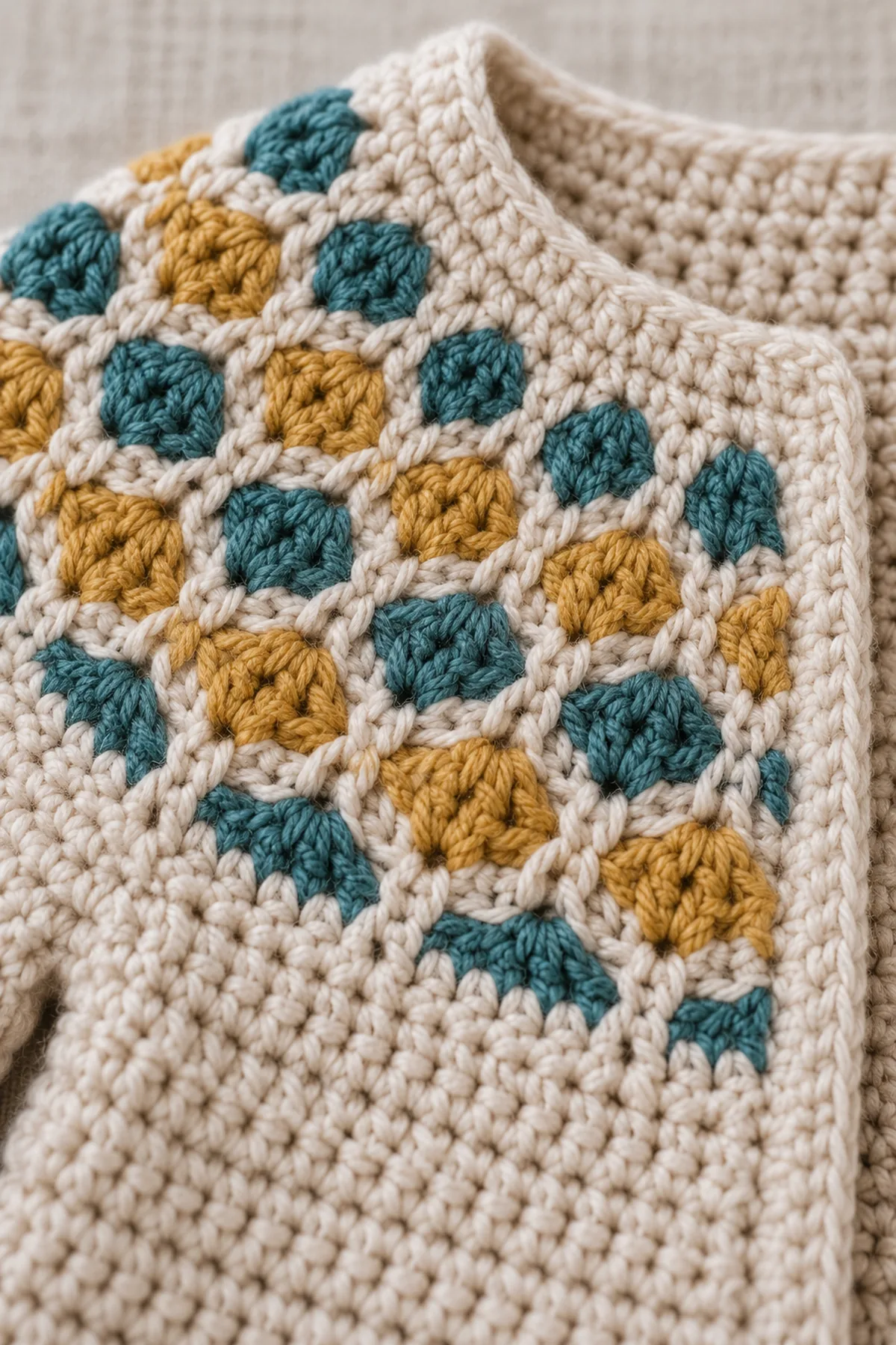 Macro close-up of low-profile teal and mustard crochet overlay stitches forming rounded honeycomb cells on oatmeal yoke, with no long floats