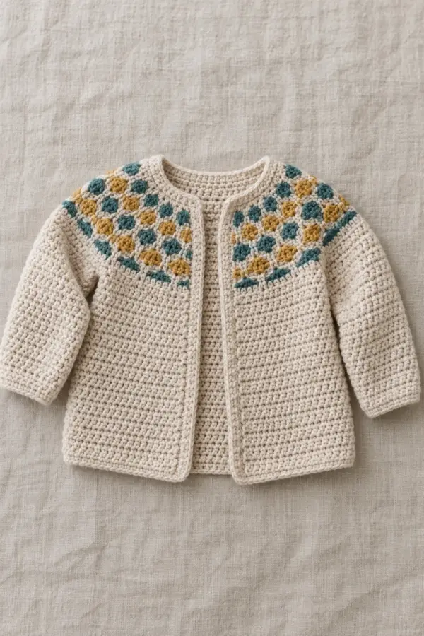 Original oatmeal open-front crochet baby cardigan with a shallow teal and mustard rounded honeycomb overlay-mosaic yoke and long plain sleeves on linen