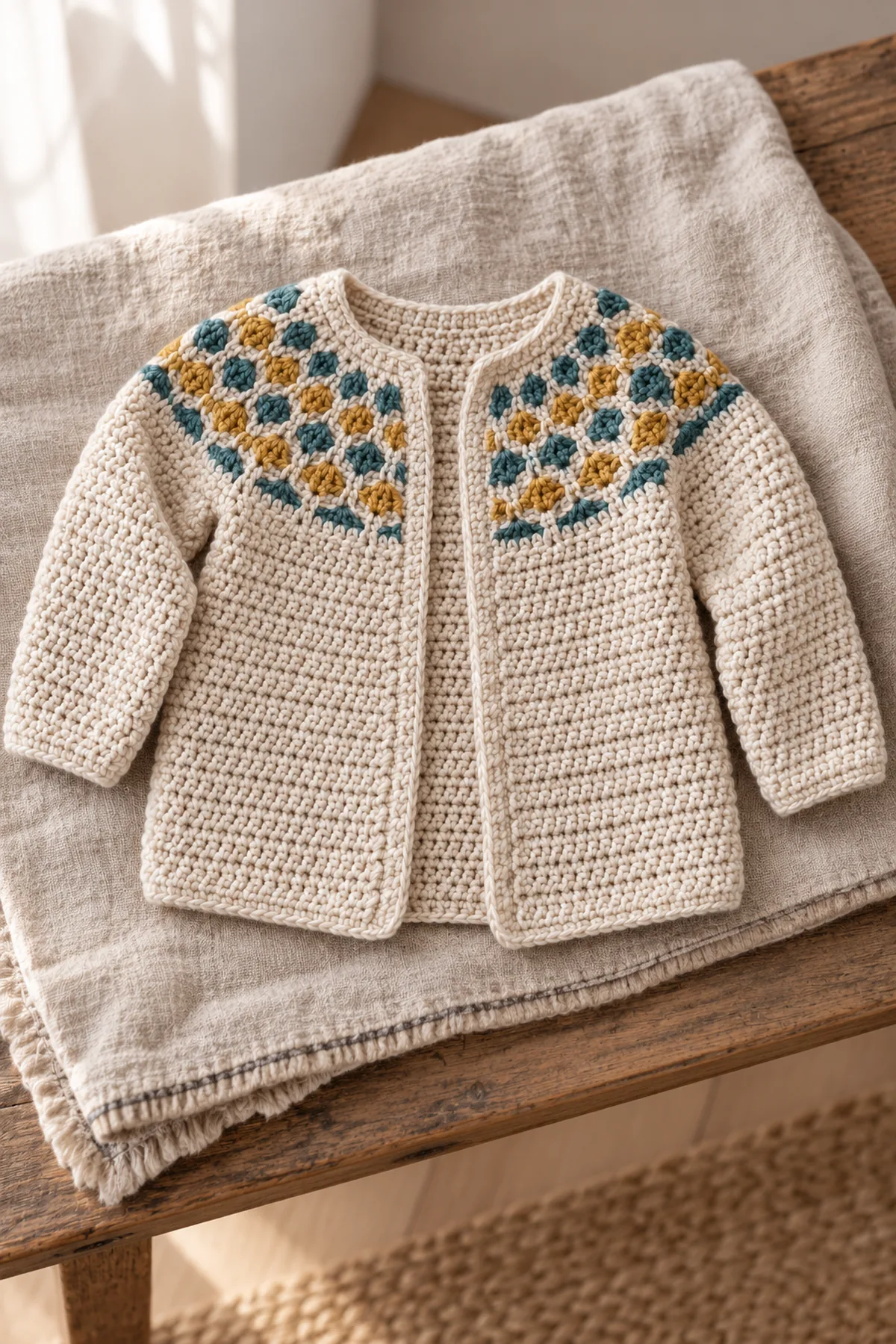Completed oatmeal baby cardigan with teal and mustard honeycomb mosaic yoke arranged flat on neutral fabric, open front and two sleeves visible, no baby