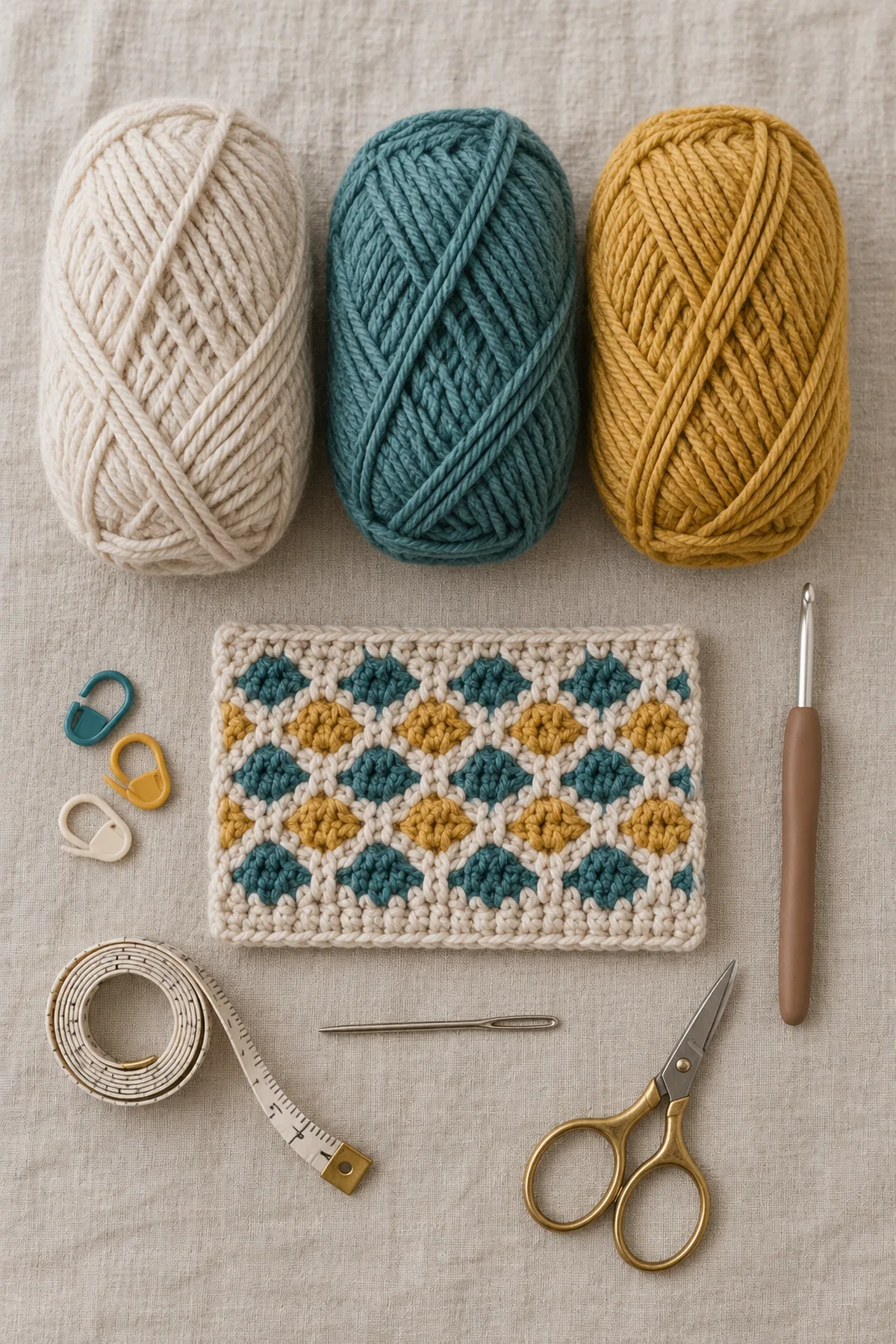 Oatmeal, teal and mustard DK yarn, 4 mm hook, markers, washed sc and mosaic swatches and measuring tape beside baby cardigan
