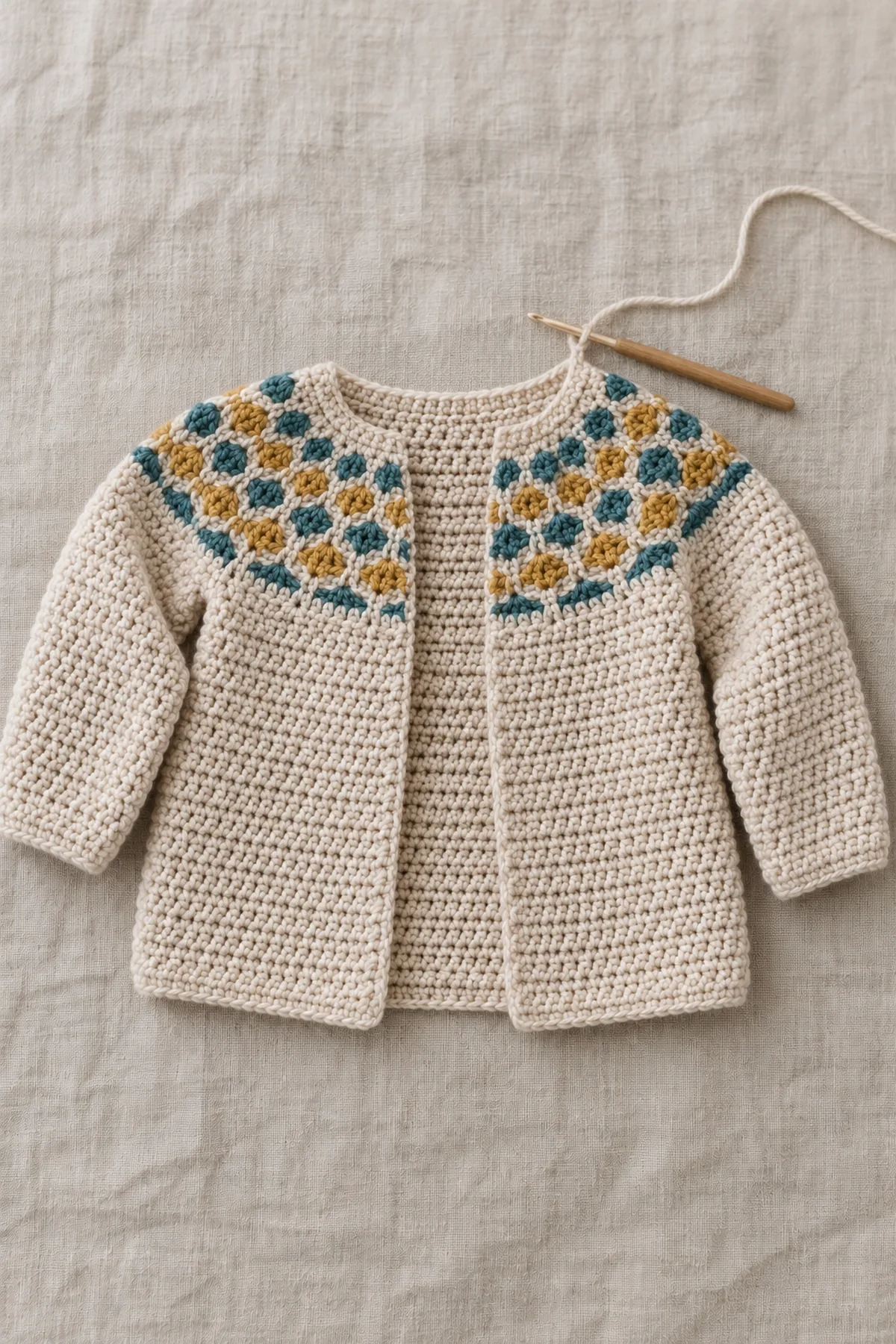 Bottom-up baby cardigan joined yoke with 84 counted stitches and a four-row teal mustard honeycomb overlay-mosaic shoulder band in progress