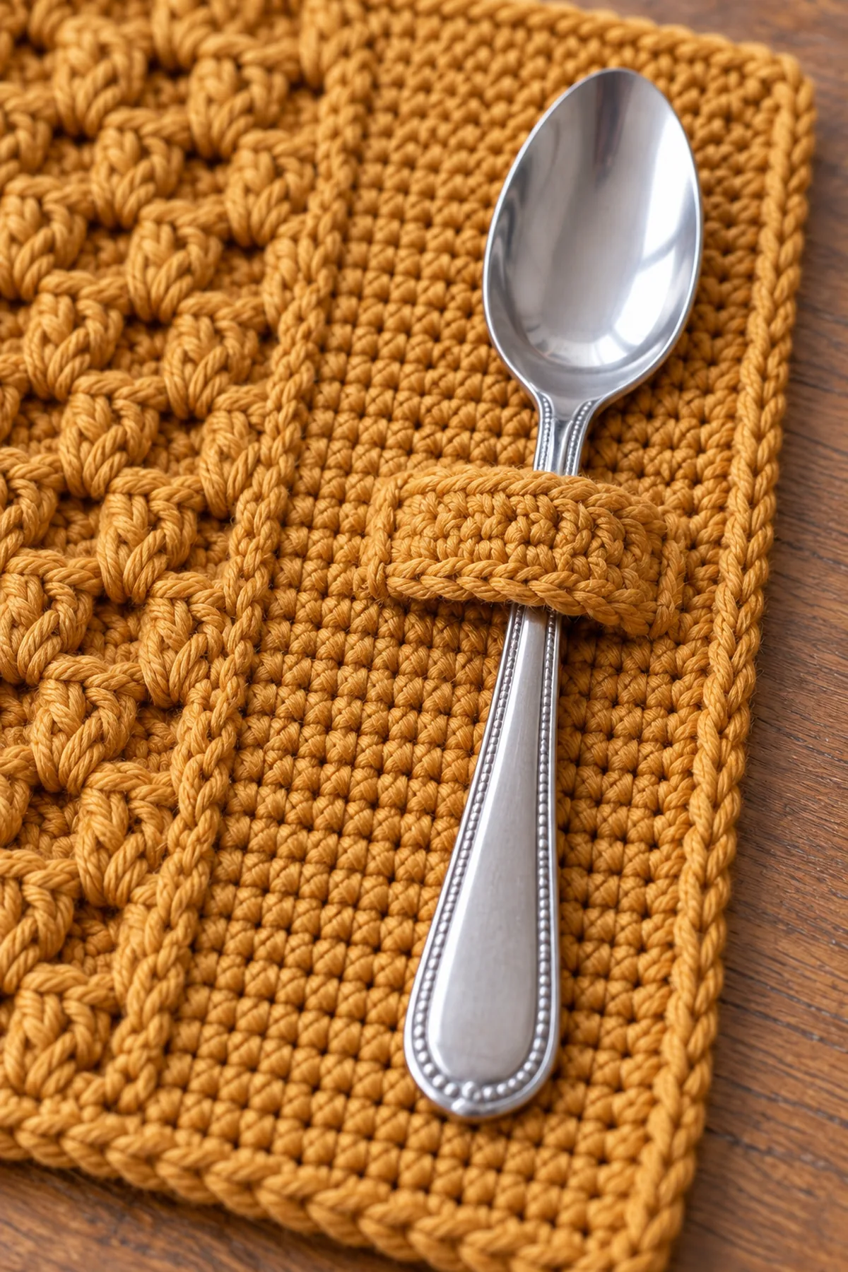 Close view of narrow horizontal ochre crochet band sewn only at both short ends to the mat plain right-side panel, cool teaspoon handle sliding vertically under band, shallow post texture to left and flat single sc border
