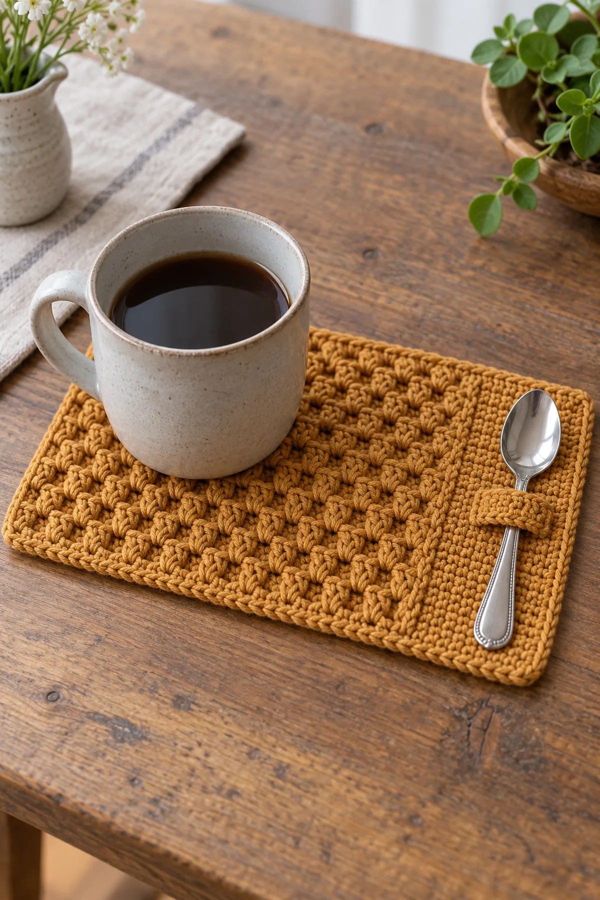 Original ochre cotton rectangular crochet mug rug, about8 by6inches, left three-quarters shallow honeycomb-inspired staggered front/back-post texture, right narrow plain dc panel with one small horizontal sewn flat crochet band holding the handle of a cool silver teaspoon oriented vertically. Plain cool ceramic cup on textured area, single neat sc border, no fringe or lace