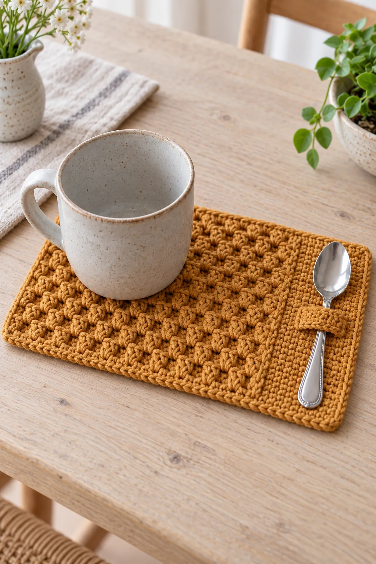 Same ochre honeycomb-inspired rectangular mug rug on pale breakfast table with empty cool ceramic cup and cool teaspoon held vertically under its side loop, soft daylight, no steam, candles, hot pan or people