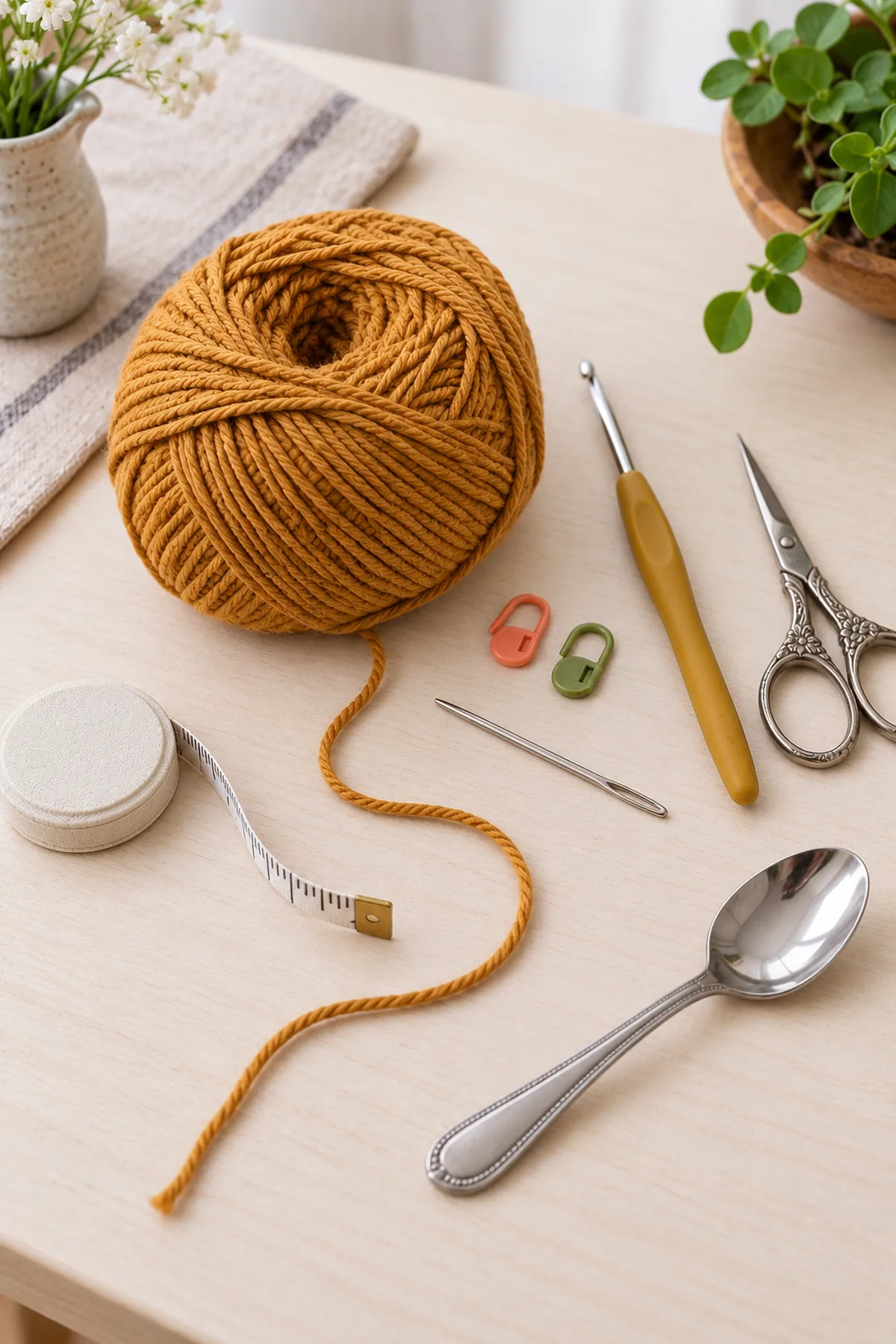 Ochre DK cotton,3.5mm crochet hook,two markers,needle,scissors,tape and cool teaspoon on pale table; no finished mat