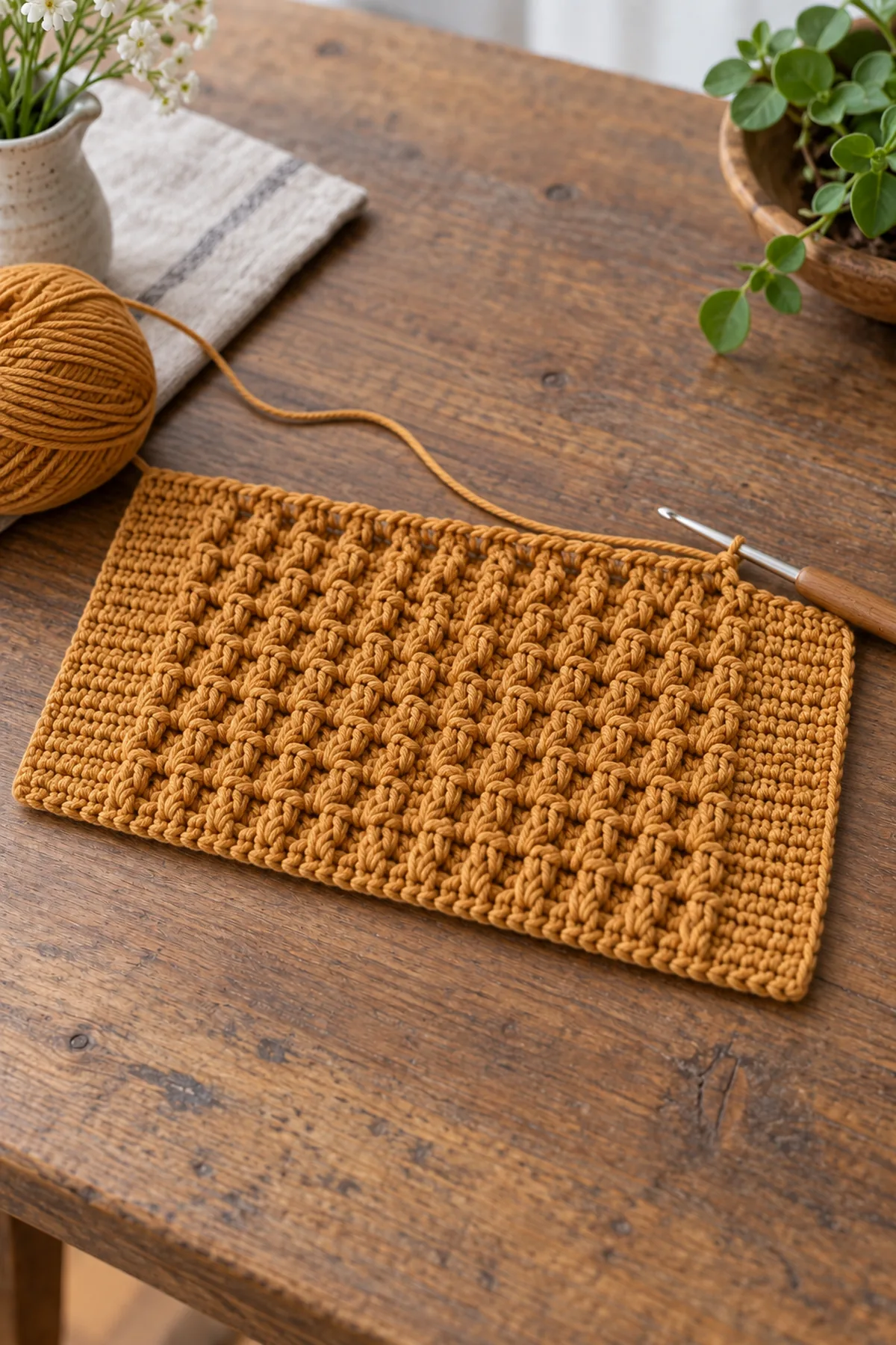 Ochre crochet rectangle halfway completed with28post-textured columns and eight plain dc side columns, hook at active row edge, no border or spoon band, no cup