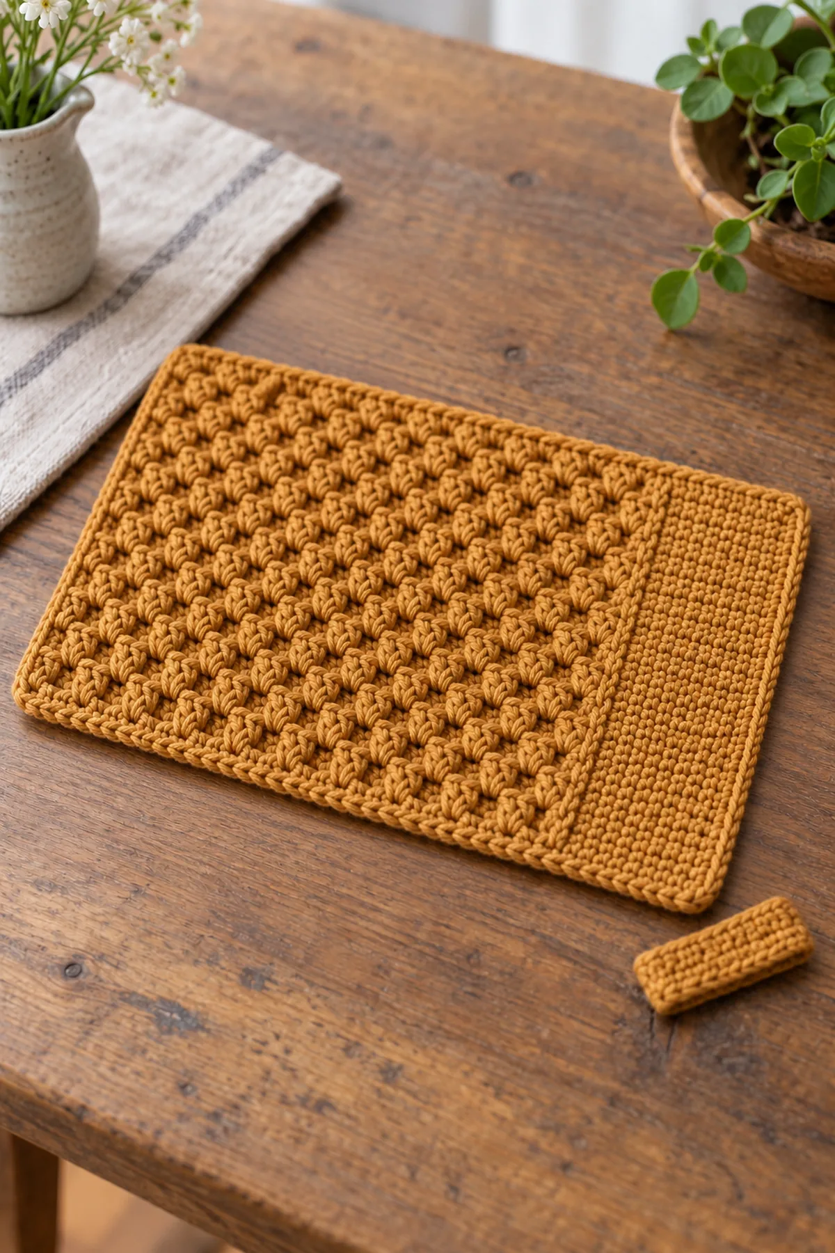 Completed ochre rectangular post-textured mat with narrow plain side panel and single sc border, separate small ochre band beside it before sewing, no cup or spoon