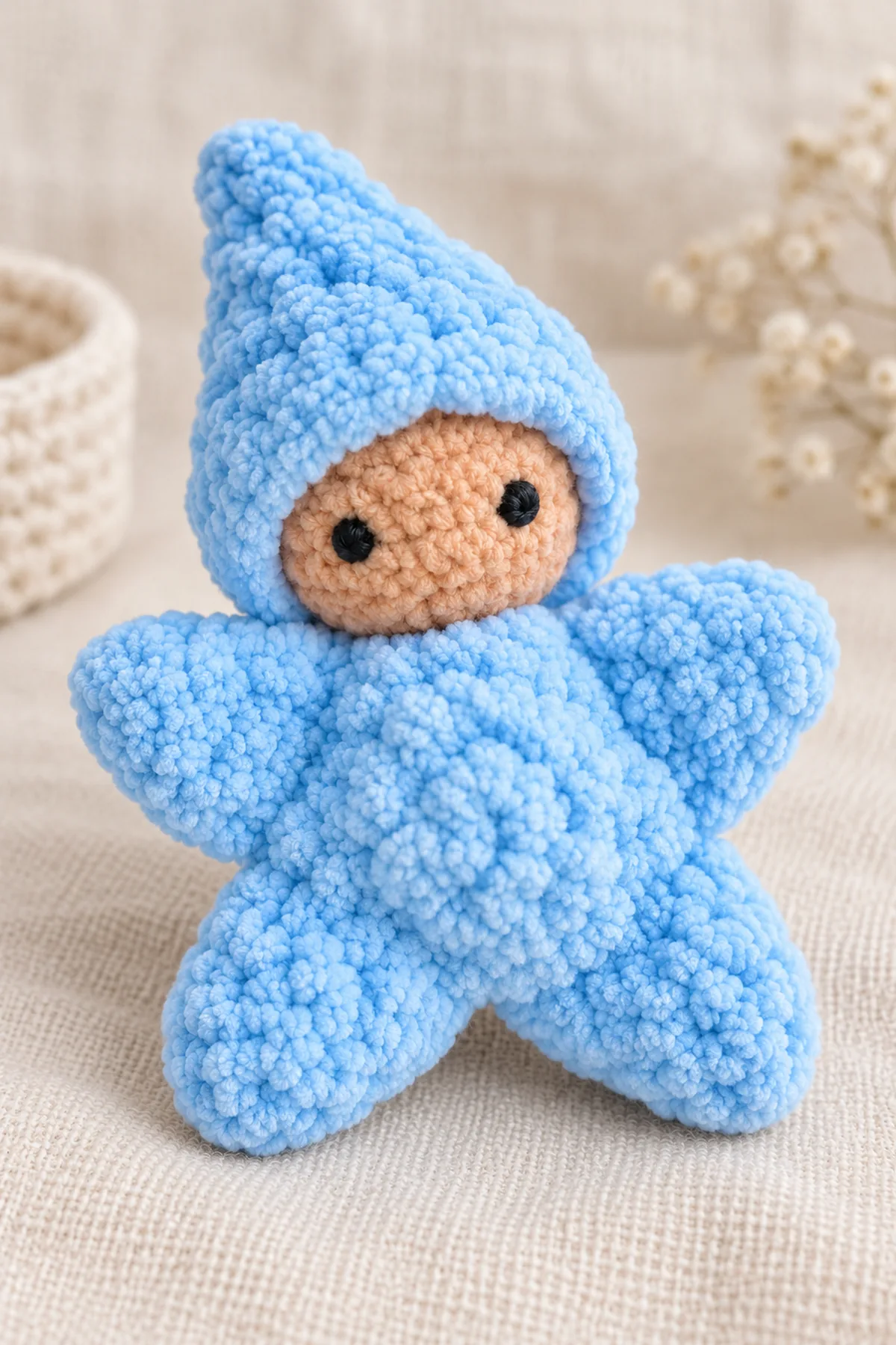 Close-up same blue chenille star doll: peach round face with two black embroidered circular eyes framed by blue pointed hood; broad reinforced hood-to-star top-valley seam, no plastic eyes, no neck cord.