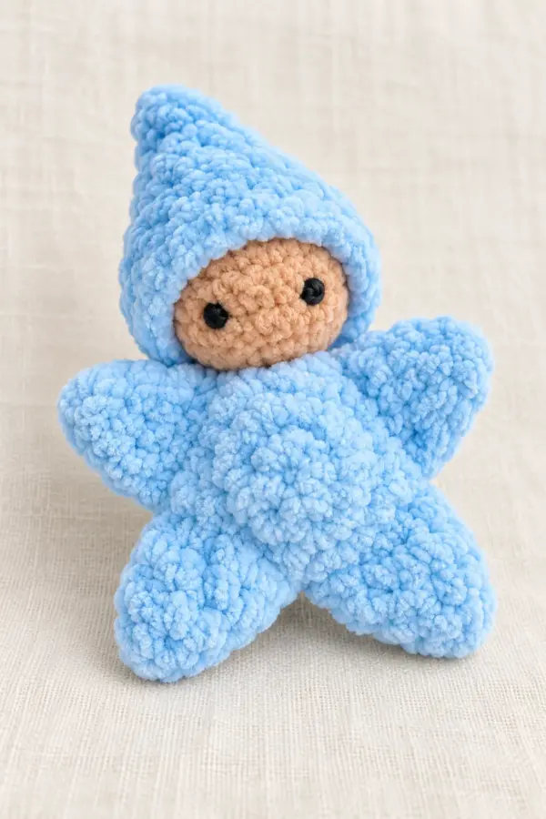 Palm-size powder-blue chenille star-suited doll: two softly stuffed four-point panels make two broad arms and two lower points; a peach spherical face in a swept pointed blue hood forms the fifth point. Two embroidered black round eyes, no mouth or hardware. Keep the reference silhouette, plush texture and blue/peach colors; independently authored panel construction. Finished object only, original product photograph composition, no source text or logo.