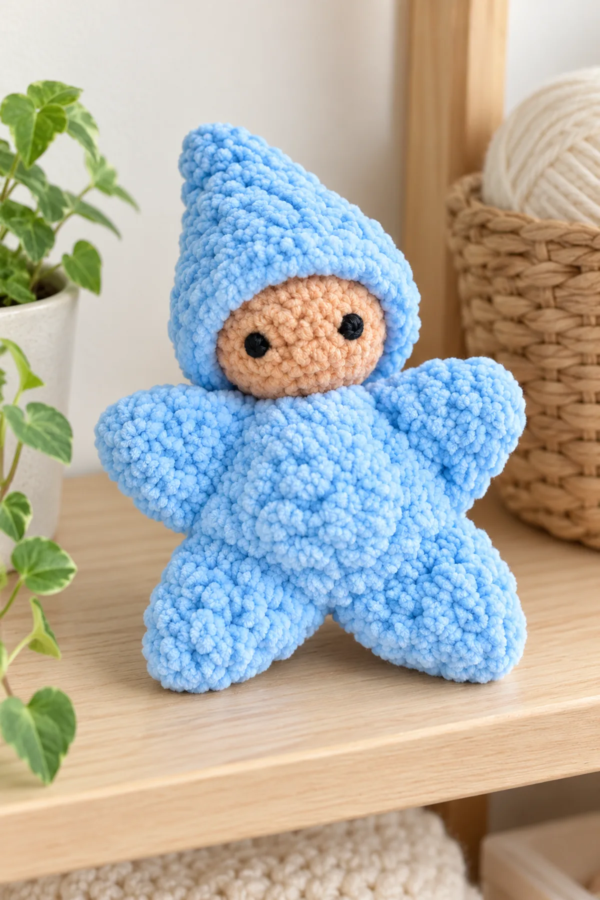 Palm-size powder-blue chenille star-suited doll: two softly stuffed four-point panels make two broad arms and two lower points; a peach spherical face in a swept pointed blue hood forms the fifth point. Two embroidered black round eyes, no mouth or hardware. Keep the reference silhouette, plush texture and blue/peach colors; independently authored panel construction. Same finished design on a quiet home craft shelf, soft daylight, minimal props, no children or infant sleep setting. No text or watermark.