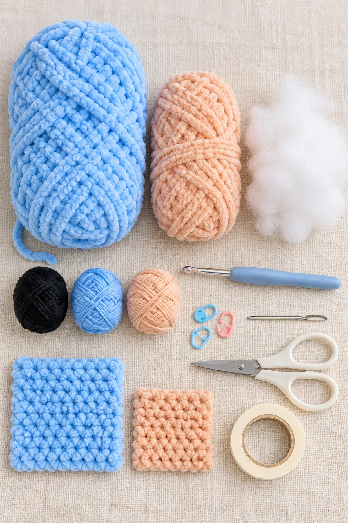 Supplies-only flat lay: Planning allowance: 110 yards powder-blue bulky chenille and 30 yards peach chenille, plus swatch allowance; 4.5 mm hook, small amounts of black smooth yarn for embroidered eyes and matching smooth blue/peach seam yarn; Washable fiberfill, blunt needle, removable markers, scissors, tape; no hard eyes or buttons. No completed project; tools and yarn arranged on pale linen.