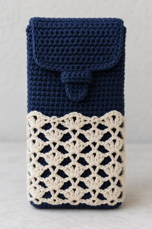 Original navy cotton crochet close-fitting smartphone sleeve standing upright, separate cream openwork lace overlay on lower front, dense navy fold-down flap with narrow integral tab tucked beneath a small front keeper tunnel, no buttons, strap or hardware