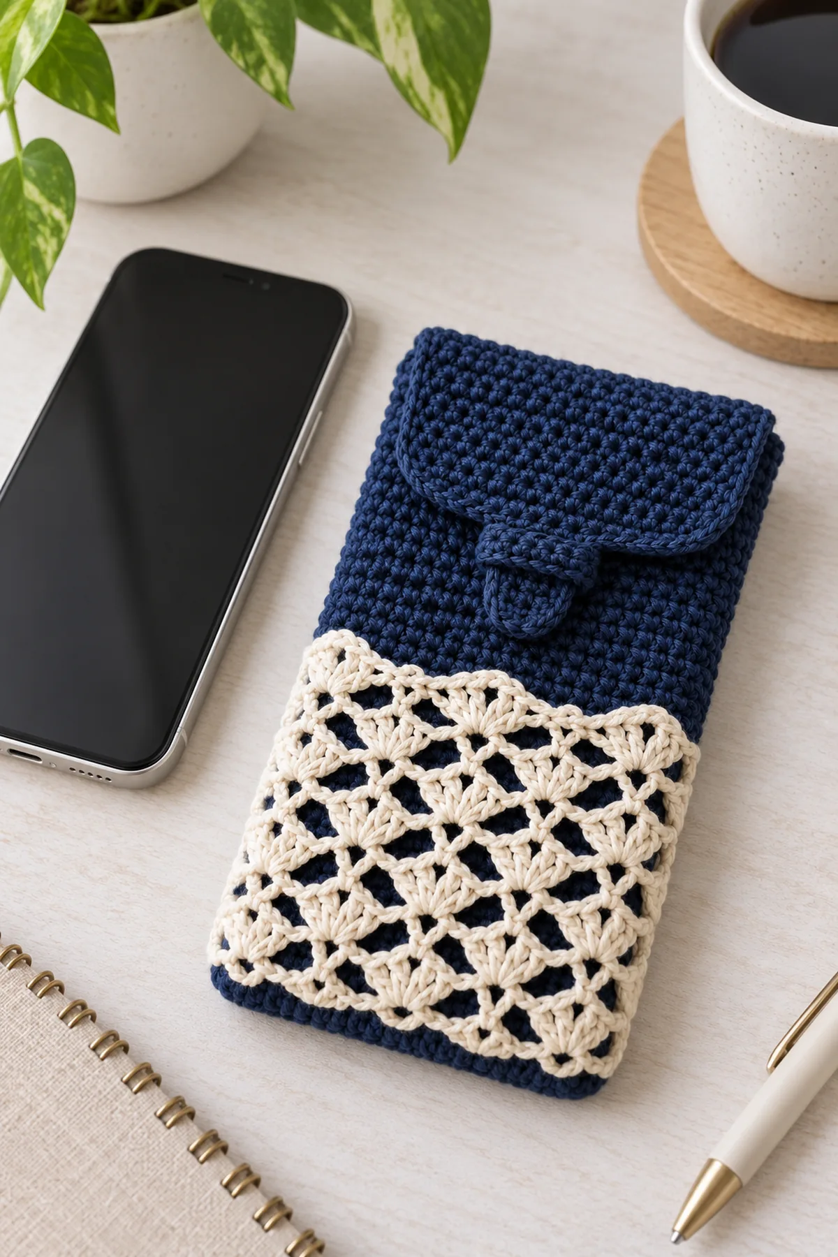 Finished navy and cream lace-overlay crochet phone sleeve on a tidy adult desk beside a plain unbranded phone, flap neatly closed with buttonless tuck tab