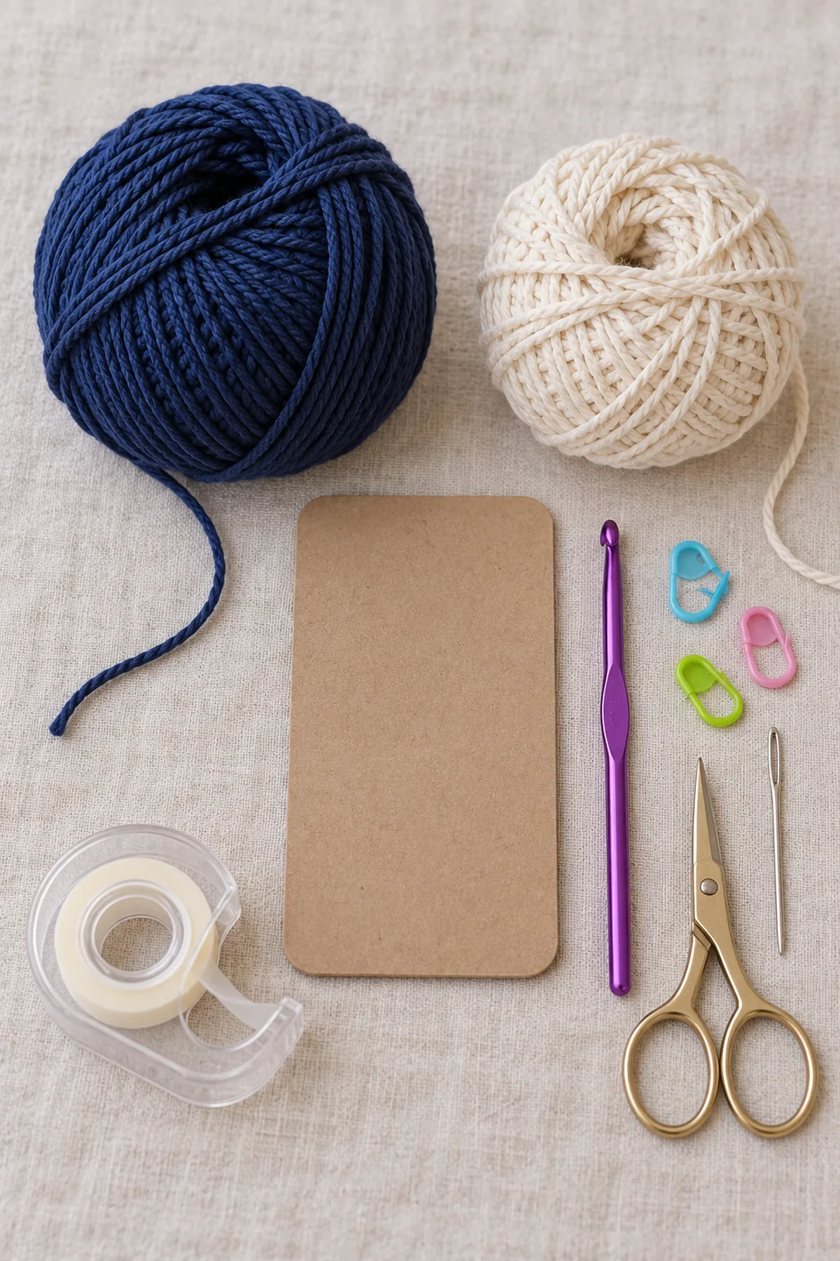 Navy and cream DK cotton balls, 3.5 mm hook, markers, needle, scissors, tape and a plain unbranded phone-size cardboard dummy on neutral linen