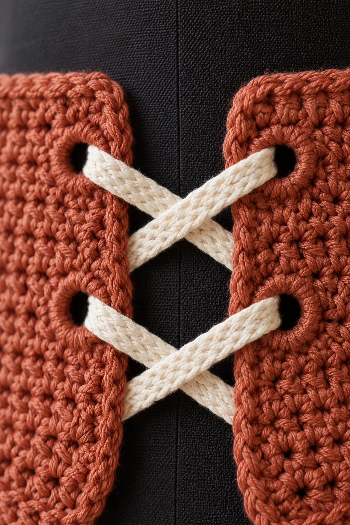 Close view of cream crochet ribbon crossed through aligned ch-2 eyelets on rust cotton belt, visible stitch texture and reinforced arches