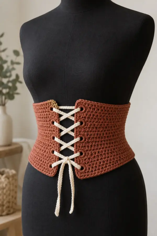 Original rust worsted-cotton adult crochet corset belt with two shaped panels and visible cream cross-lacing through eight front eyelets, styled over a plain black dress form, no boning or metal grommets