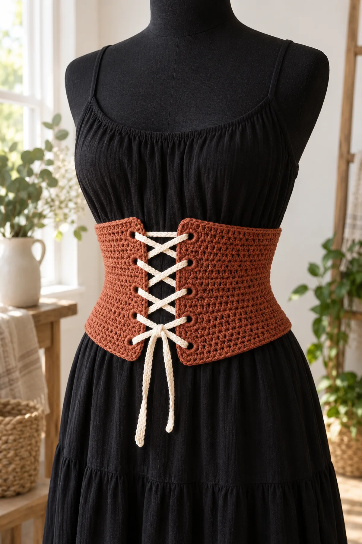 Finished rust and cream adult crochet lace-up fashion belt worn over a simple black dress on headless mannequin, relaxed comfortable fit
