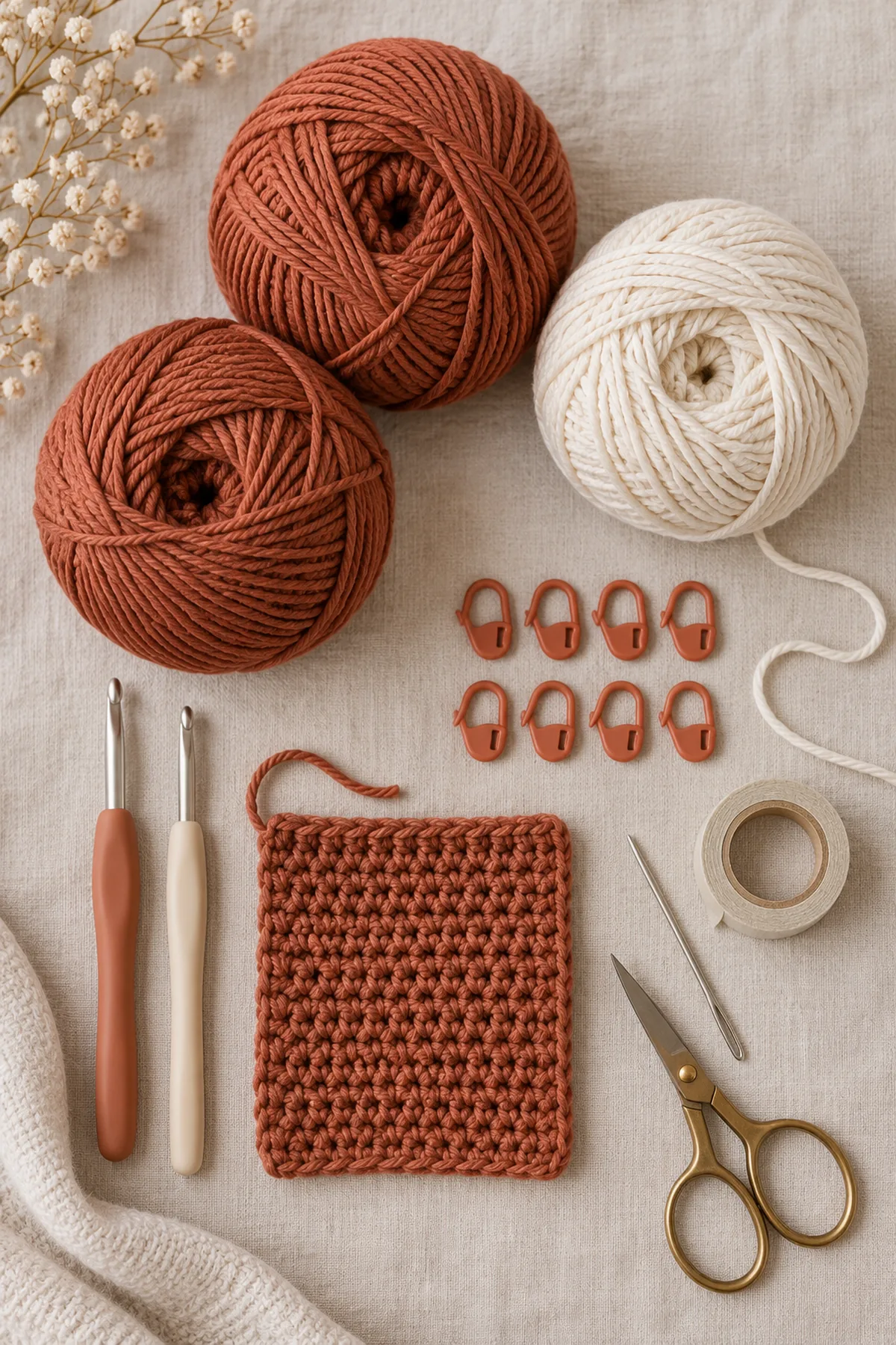 Rust and cream cotton yarn, two crochet hooks, eight stitch markers, tape, needle and scissors beside a small measured sc swatch for a lace-up belt