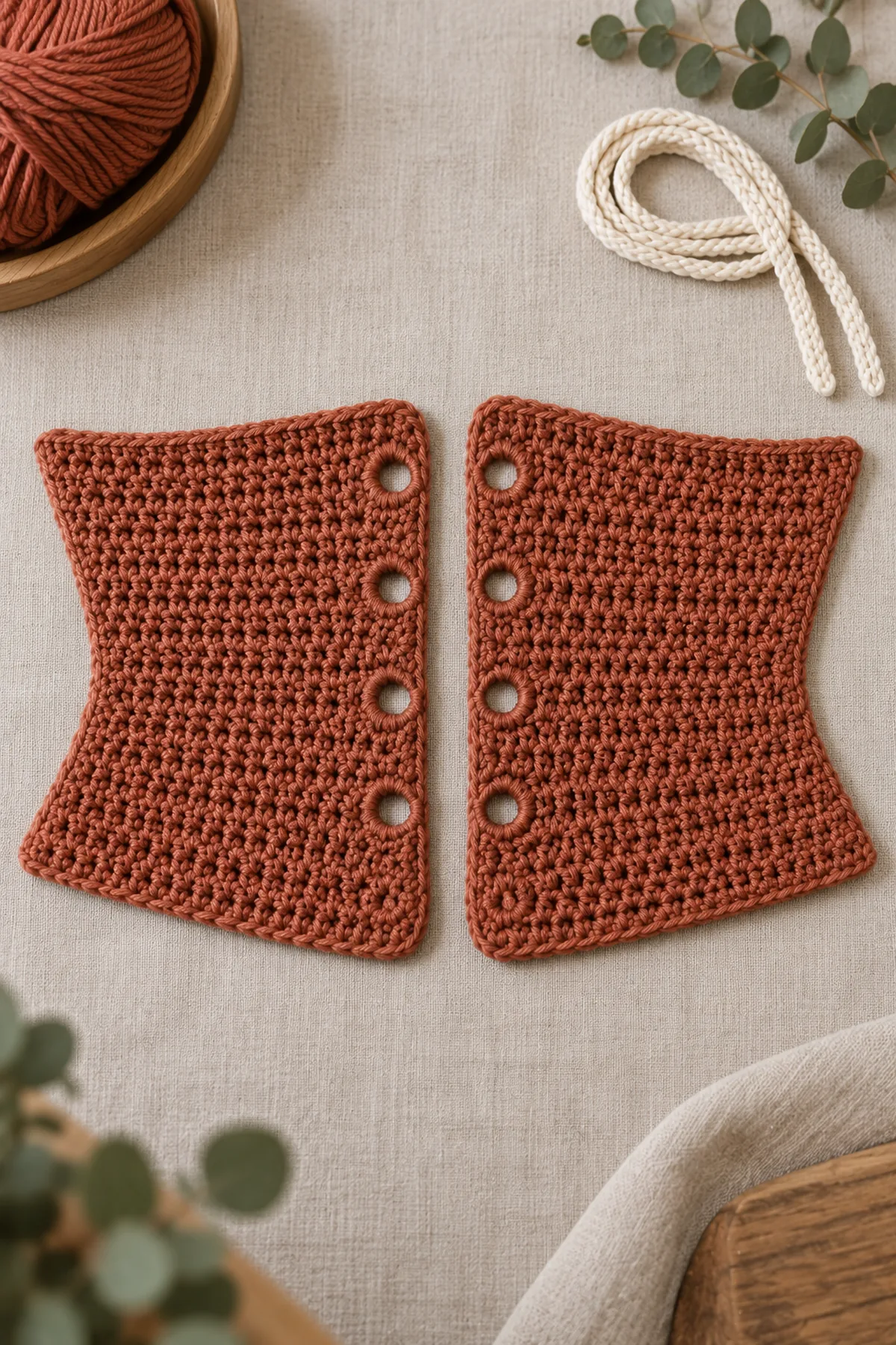 Two separate rust crochet belt panels laid flat, 18 rows high with gently shaped long edges, before joining