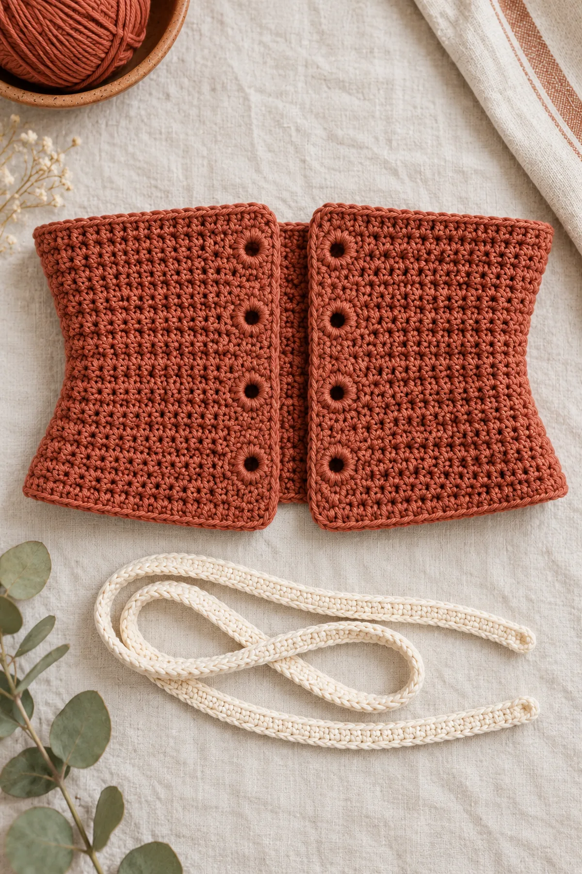 Rust crochet belt with sewn back and four reinforced eyelets on each front edge, long cream crochet ribbon laid alongside