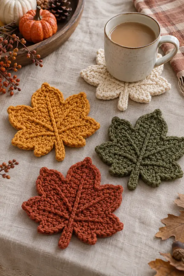 Four substantial double-layer five-lobed maple leaf cotton coasters in rust, gold, olive and cream, one mug centered on the cream leaf; short stems, raised veins, no garland cord or text.