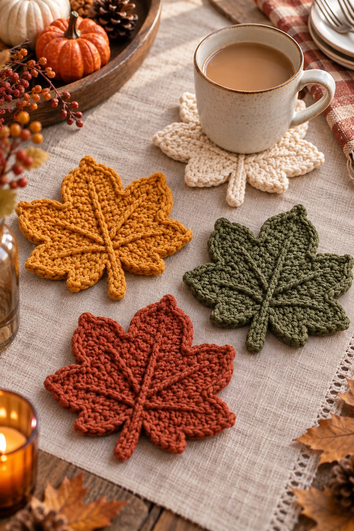Same four double-layer maple coasters on neutral autumn table, mug on cream coaster, other rust gold olive leaves visible; no text.