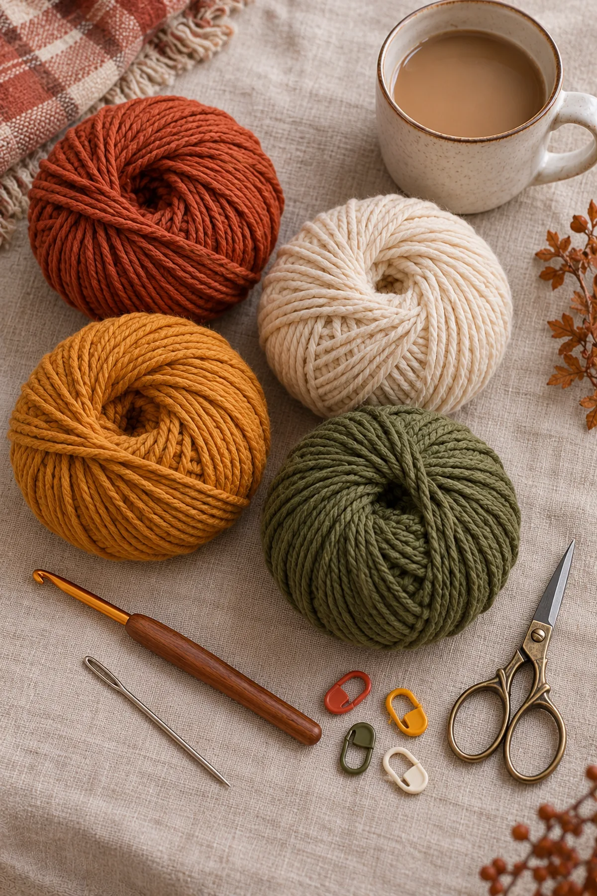 Supplies-only flat lay of rust mustard olive and cream 100% cotton, 4 mm hook, blocking pins, marker, needle and ruler; no finished coaster.