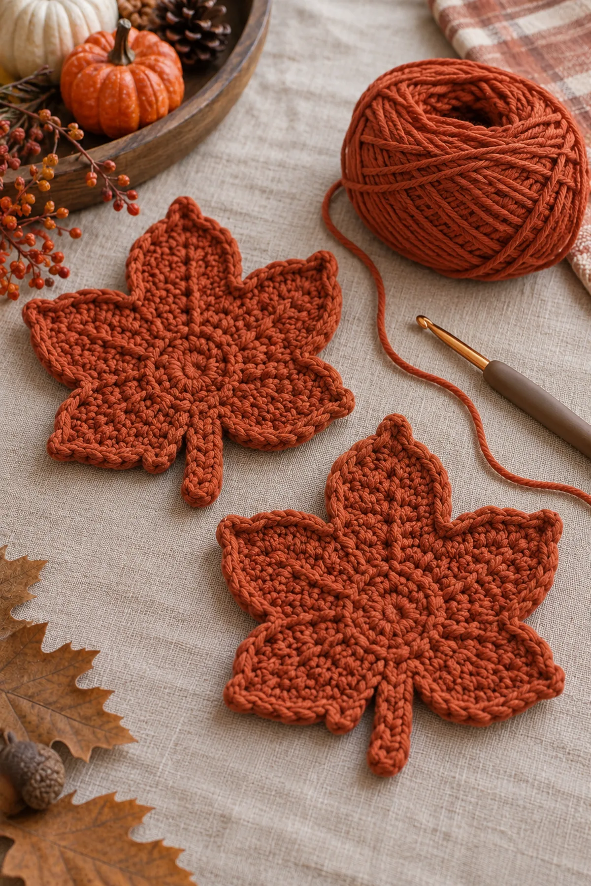 One maple coaster panel in progress: small 20-stitch circular center with five separate four-stitch lobe bases, one lobe tapering to a point, no second layer.