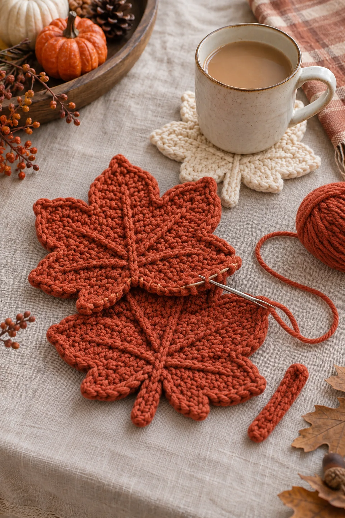 Two identical five-lobed cotton leaf panels and one short folded stem laid flat before their entire perimeter is sewn together.