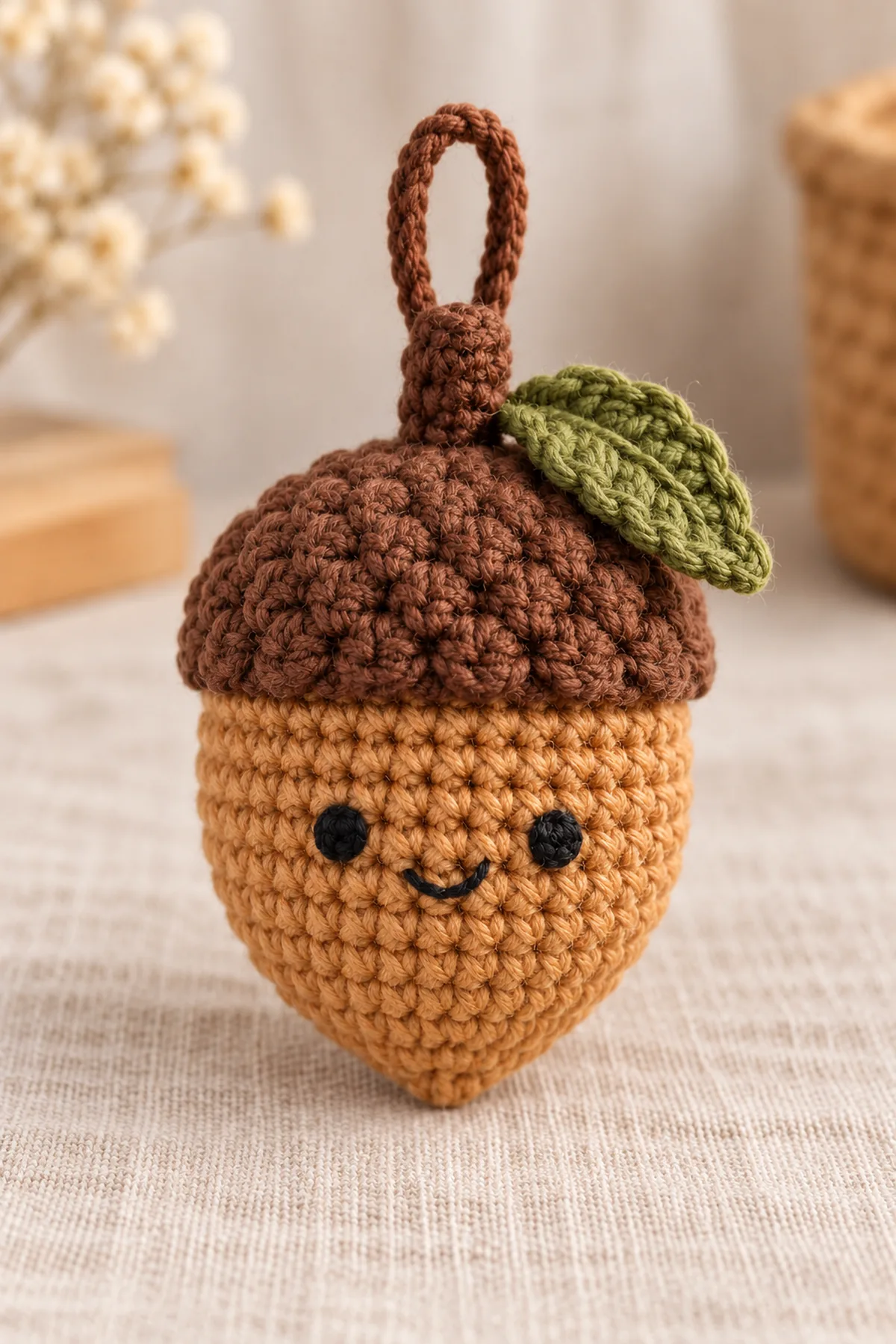 Macro of the finished acorn cap seam, seven small scallops, securely attached short stem, olive leaf and reinforced hanging loop; tan embroidered face below.