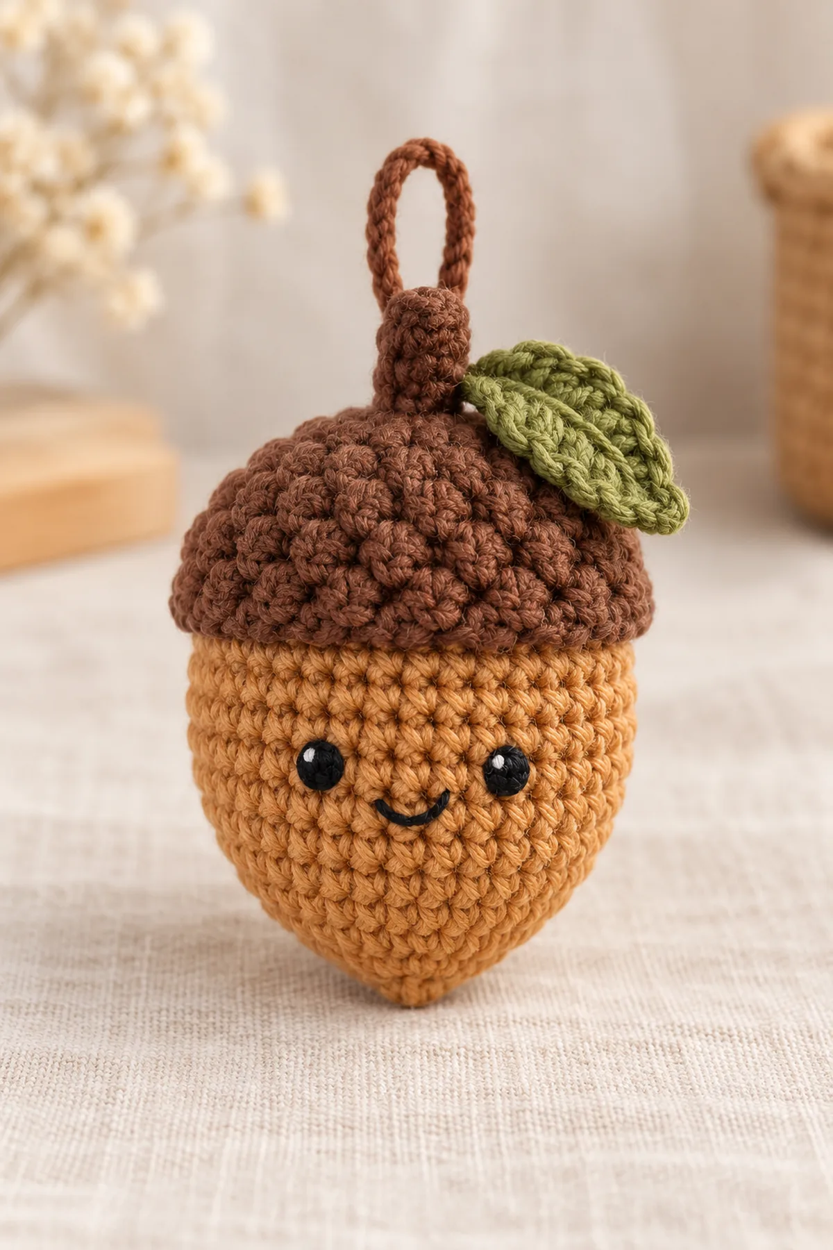 Finished tan smiling acorn hanging plush with separate dark brown scalloped cap, short stem, olive leaf and discreet hanging loop on pale linen; no text.
