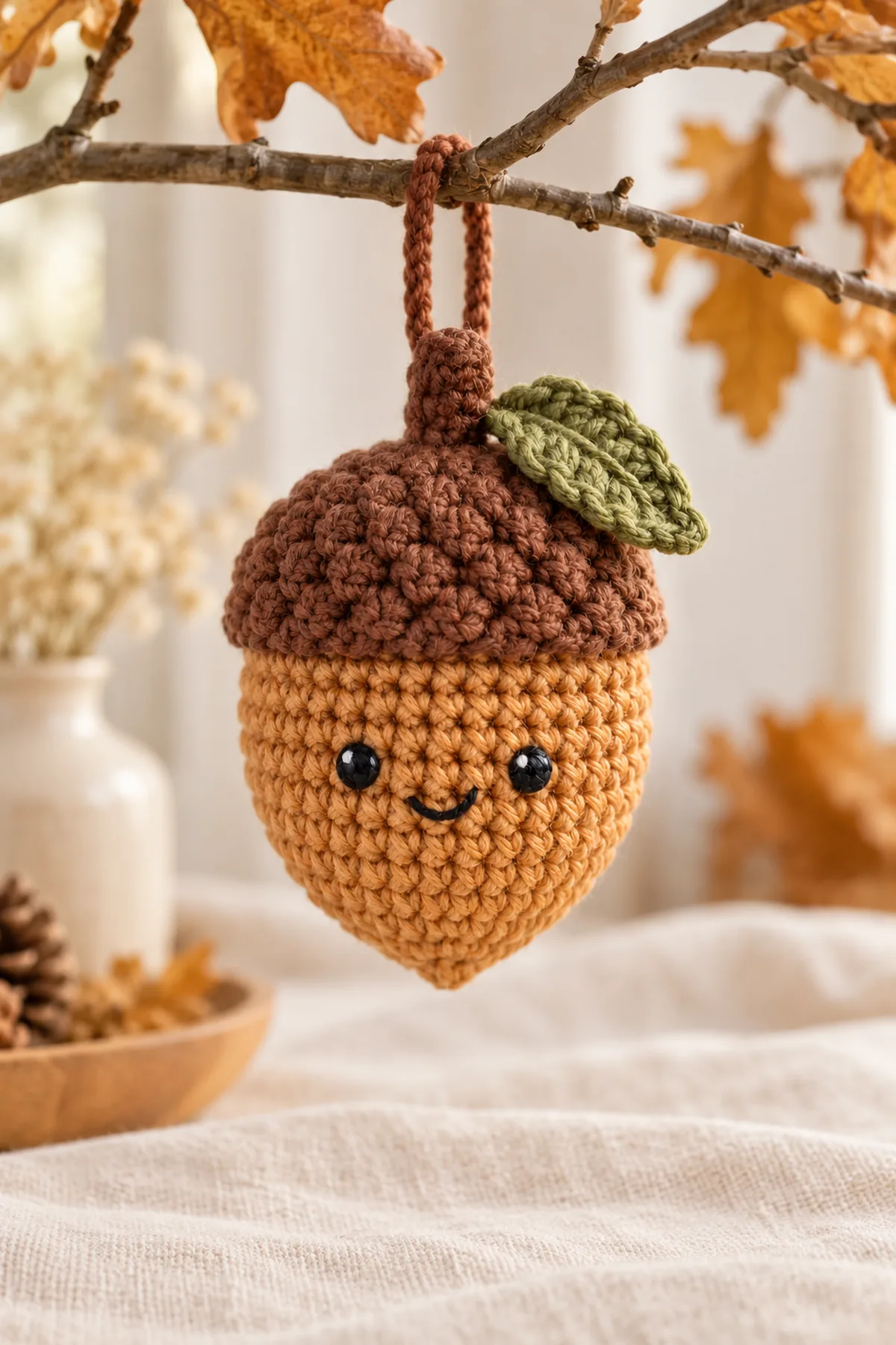 Same tan-and-brown acorn ornament hanging from a low autumn branch indoors, leaf and face visible, soft natural light, no child or text.