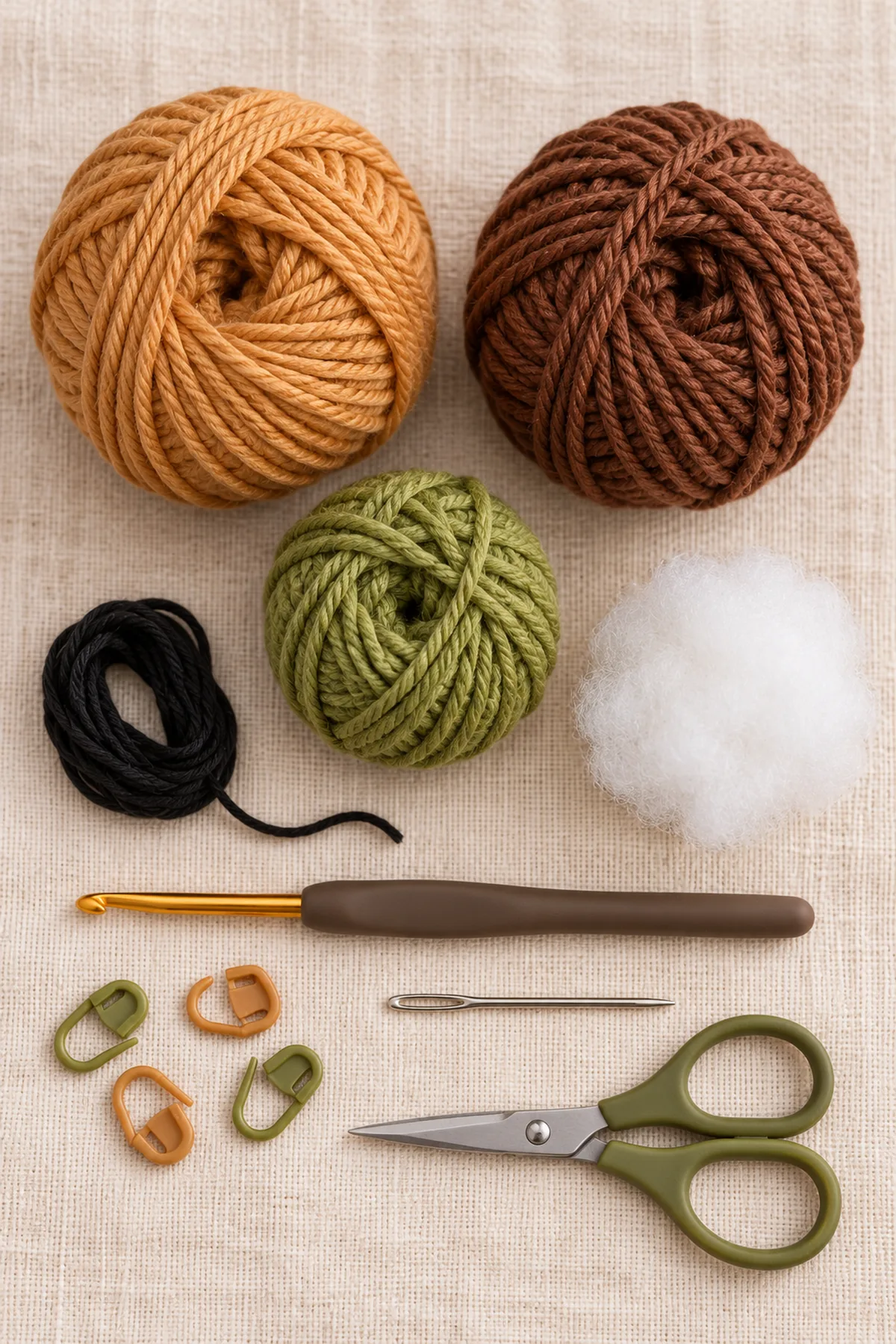 Supplies-only flat lay: tan, dark-brown and olive worsted cotton, 3.5 mm hook, stuffing, black embroidery yarn, needle and markers; no completed acorn.