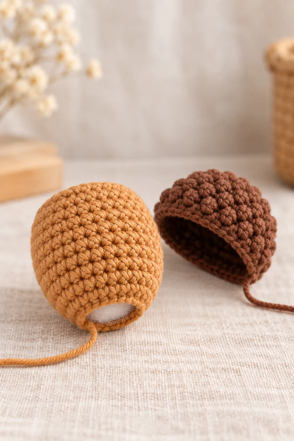 Tan acorn sphere still open at lower decrease rounds with a little stuffing visible, and separate unfinished dark-brown cap beside it; no stem, leaf or face yet.