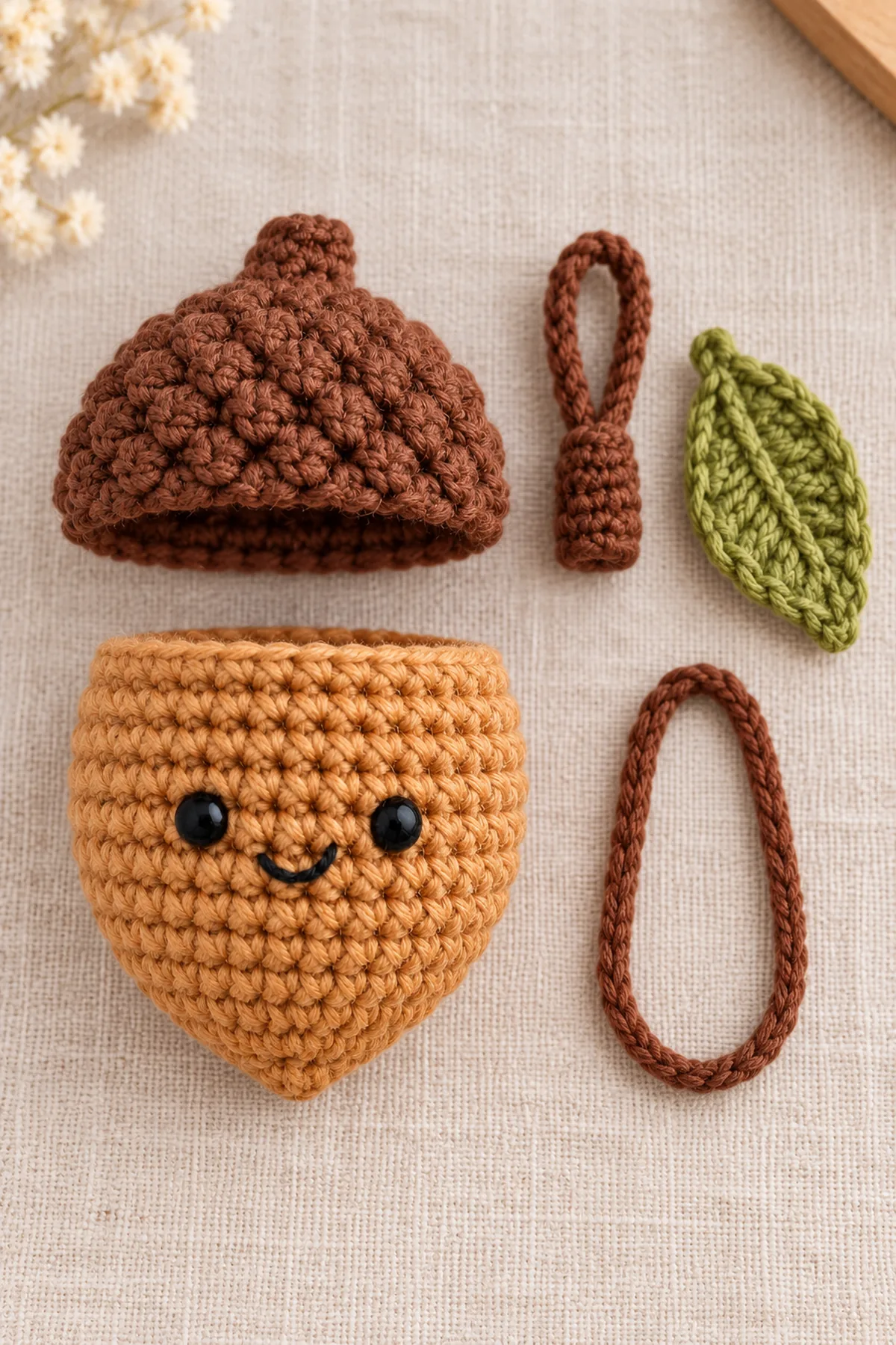 Closed tan acorn with embroidered face, finished open dark-brown scalloped cap, separate folded stem and separate olive leaf laid in assembly order; loop yarn beside them.