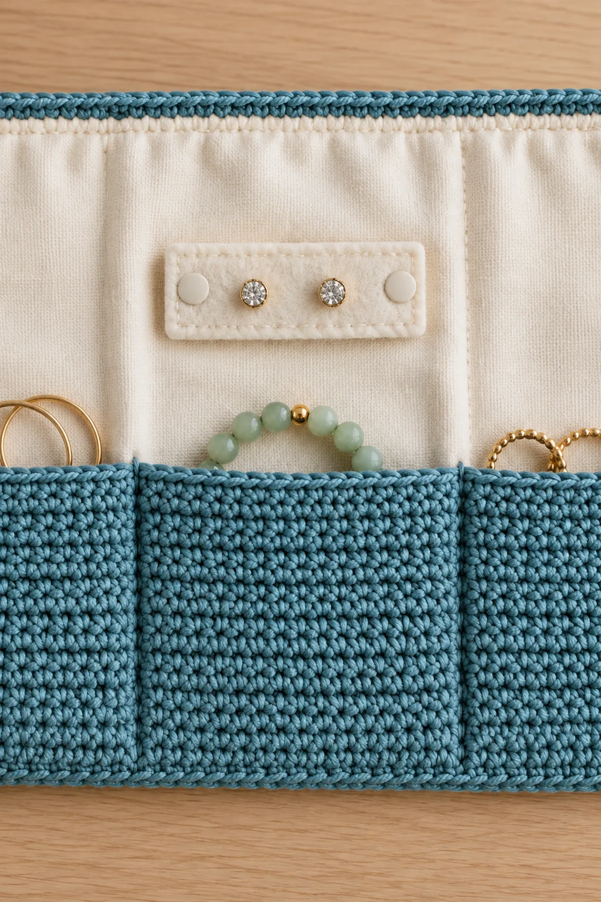 Close view of three teal pocket divisions on cream lining, small removable felt earring strip above center pocket with two sewn snap ends, neat hand stitching and no loose sharp needle
