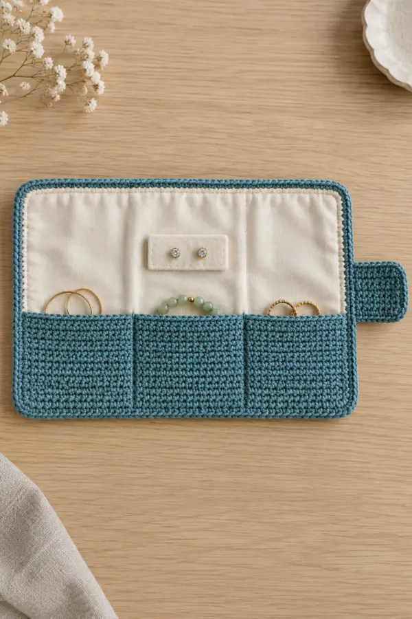 Original oat cotton linen-stitch travel jewelry organizer open flat, wide rectangle 12 by 8 inches, smooth cream fabric lining, one teal lower pocket band divided into EXACTLY three shallow compartments, small removable felt earring strip centered above middle pocket with two tiny studs, wide teal tuck tab extending from right edge, no zipper or long ties. Flat on pale oak, clear organized construction