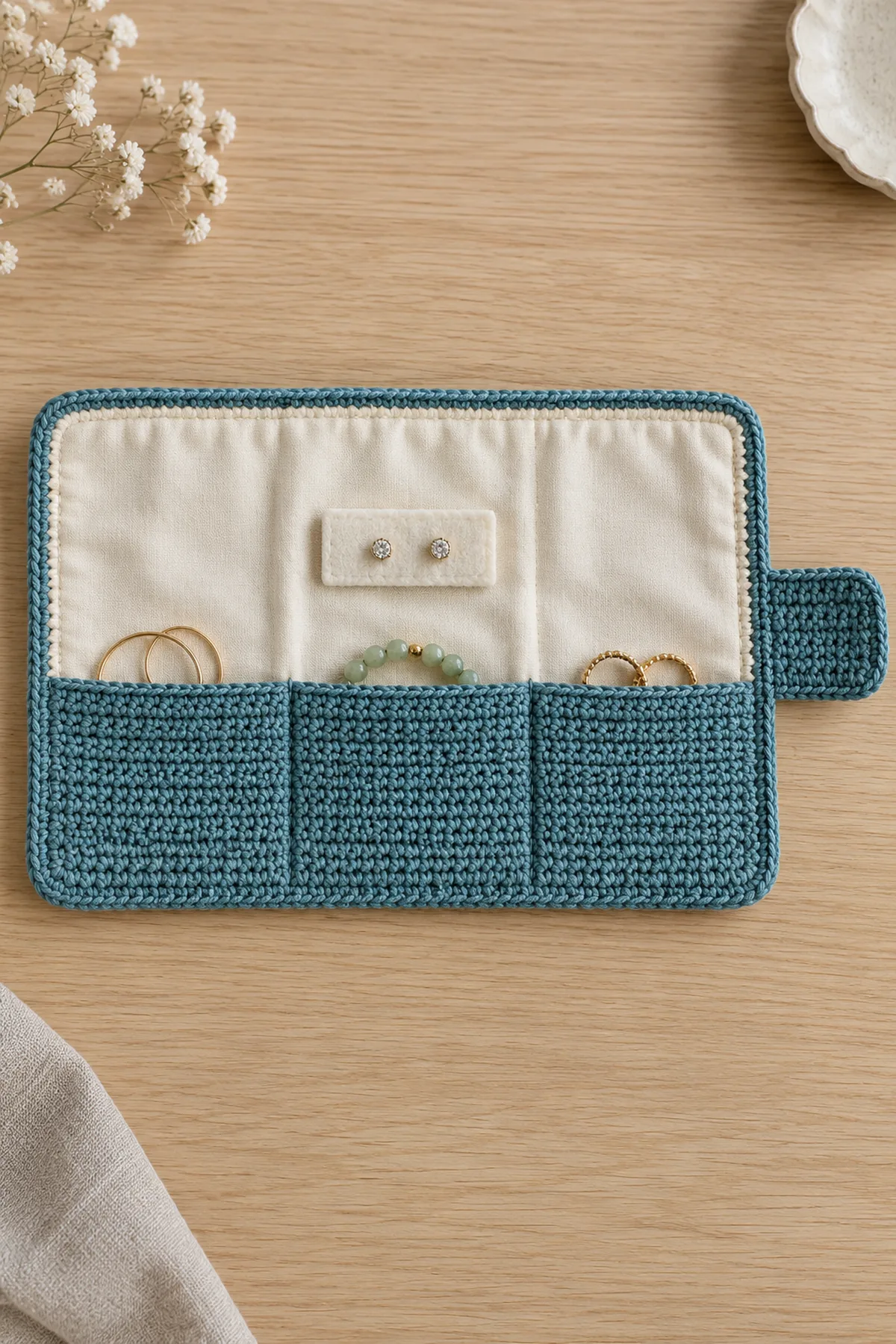 Original oat cotton linen-stitch travel jewelry organizer open flat, wide rectangle 12 by 8 inches, smooth cream fabric lining, one teal lower pocket band divided into EXACTLY three shallow compartments, small removable felt earring strip centered above middle pocket with two tiny studs, wide teal tuck tab extending from right edge, no zipper or long ties. Flat on pale oak, clear organized construction
