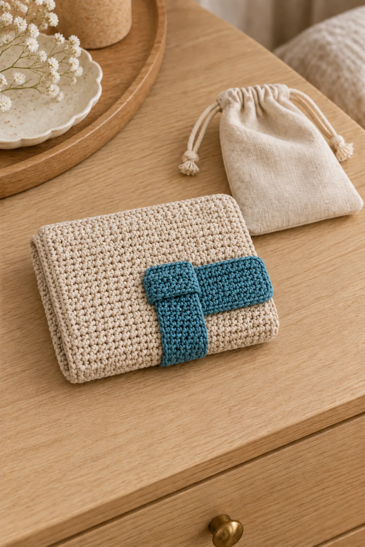 Same oat and teal jewelry organizer folded to a small flat packet on travel dresser, wide teal closure tab tucked under a short exterior teal keeper, no long cords, no zipper, small empty travel pouch beside it