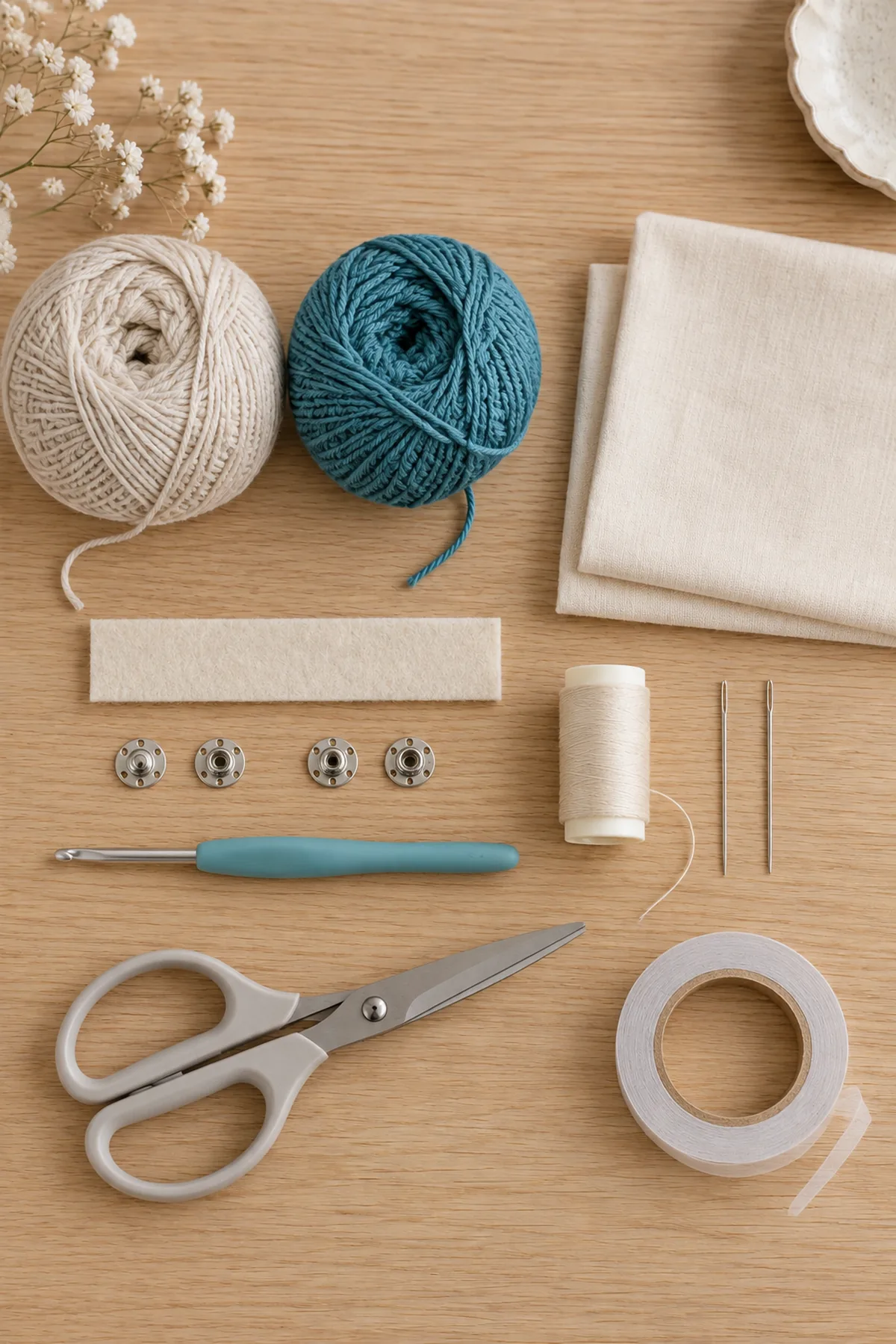 Oat and teal DK cotton, 3.5mm hook, cream lining fabric, narrow felt strip, two pairs of small sew-on snaps, sewing thread, needles, scissors and tape; supplies only no organizer