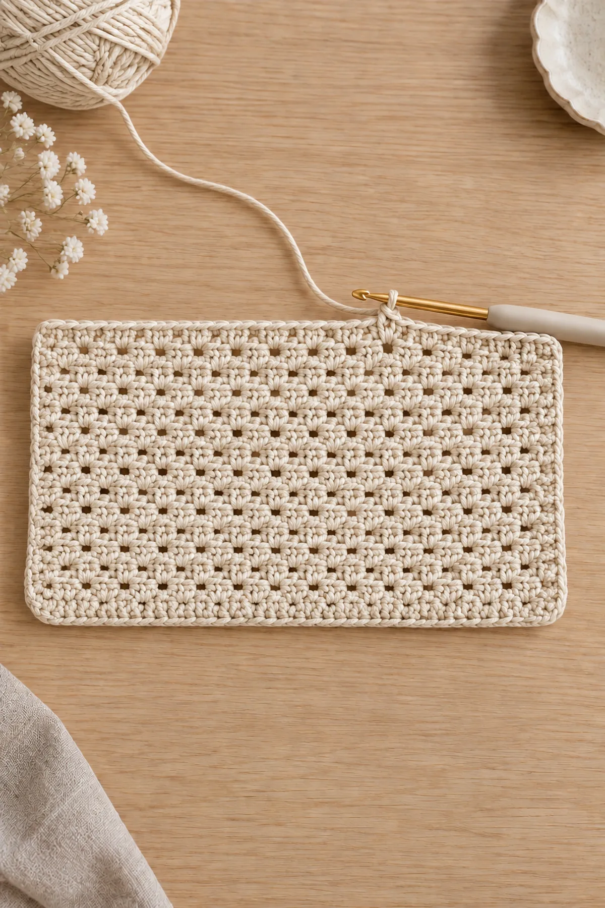 Oat linen-stitch rectangle half completed, alternating sc and small chain spaces, straight marked edges, working hook at top edge, no pockets or lining yet