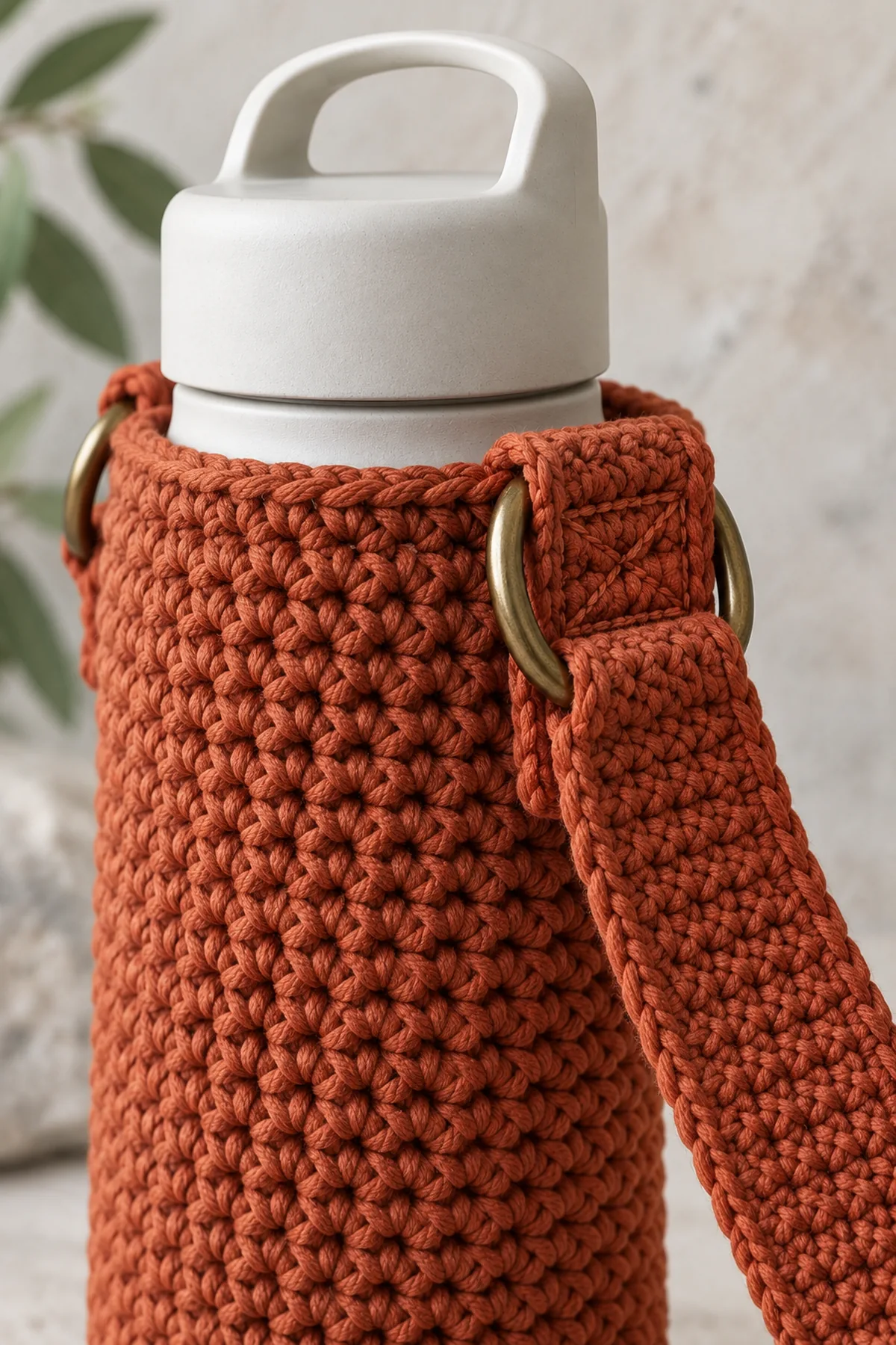 Close view of rust cotton bottle carrier upper rim, doubled eight-stitch crochet tab sandwiching wall with rectangular crossed reinforcing seam, closed metal D-ring in tab fold and broad flat rust strap threaded through, no drawstring