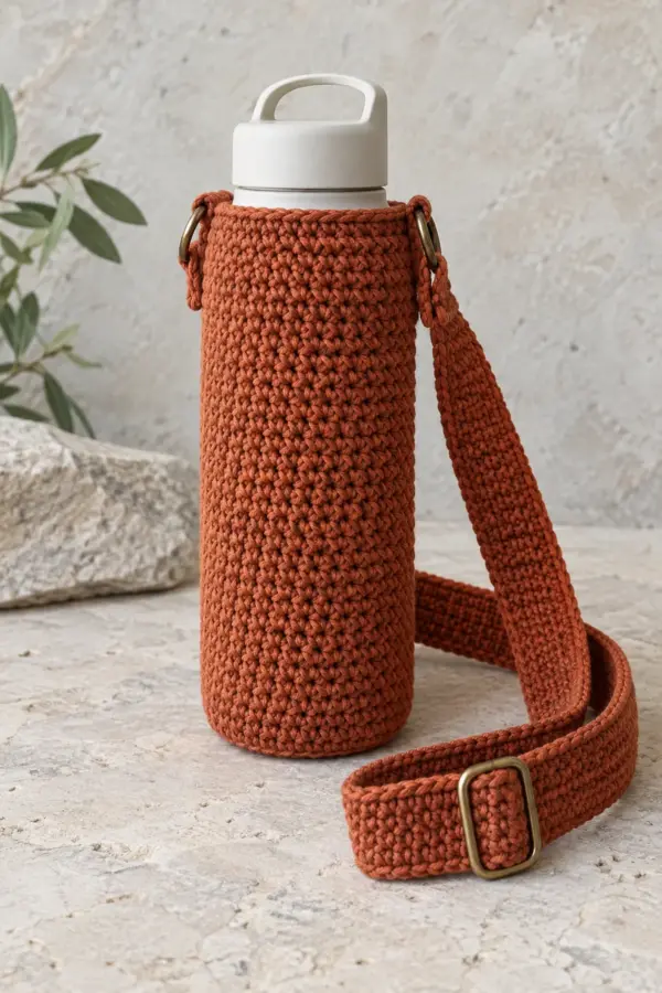Original rust DK cotton crochet water bottle carrier, dense linked-double-crochet cylindrical sleeve with round flat bottom, plain sc top rim below cap of a plain lightweight reusable bottle, two short doubled crochet tabs with metal D-rings on opposite sides, broad flat rust sc shoulder strap with metal three-bar slide adjuster laid alongside, no drawstring, no logo, pale stone surface