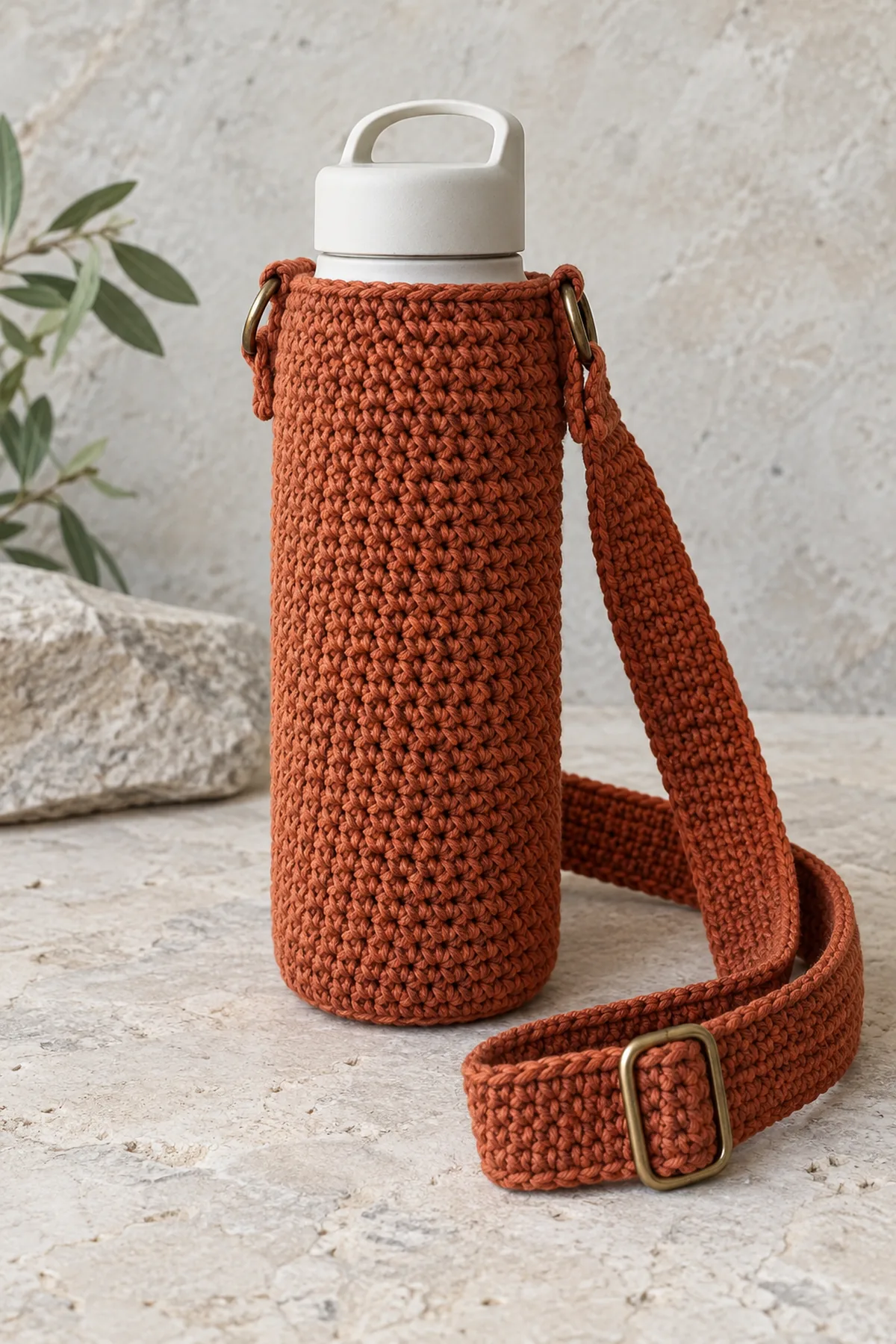 Original rust DK cotton crochet water bottle carrier, dense linked-double-crochet cylindrical sleeve with round flat bottom, plain sc top rim below cap of a plain lightweight reusable bottle, two short doubled crochet tabs with metal D-rings on opposite sides, broad flat rust sc shoulder strap with metal three-bar slide adjuster laid alongside, no drawstring, no logo, pale stone surface