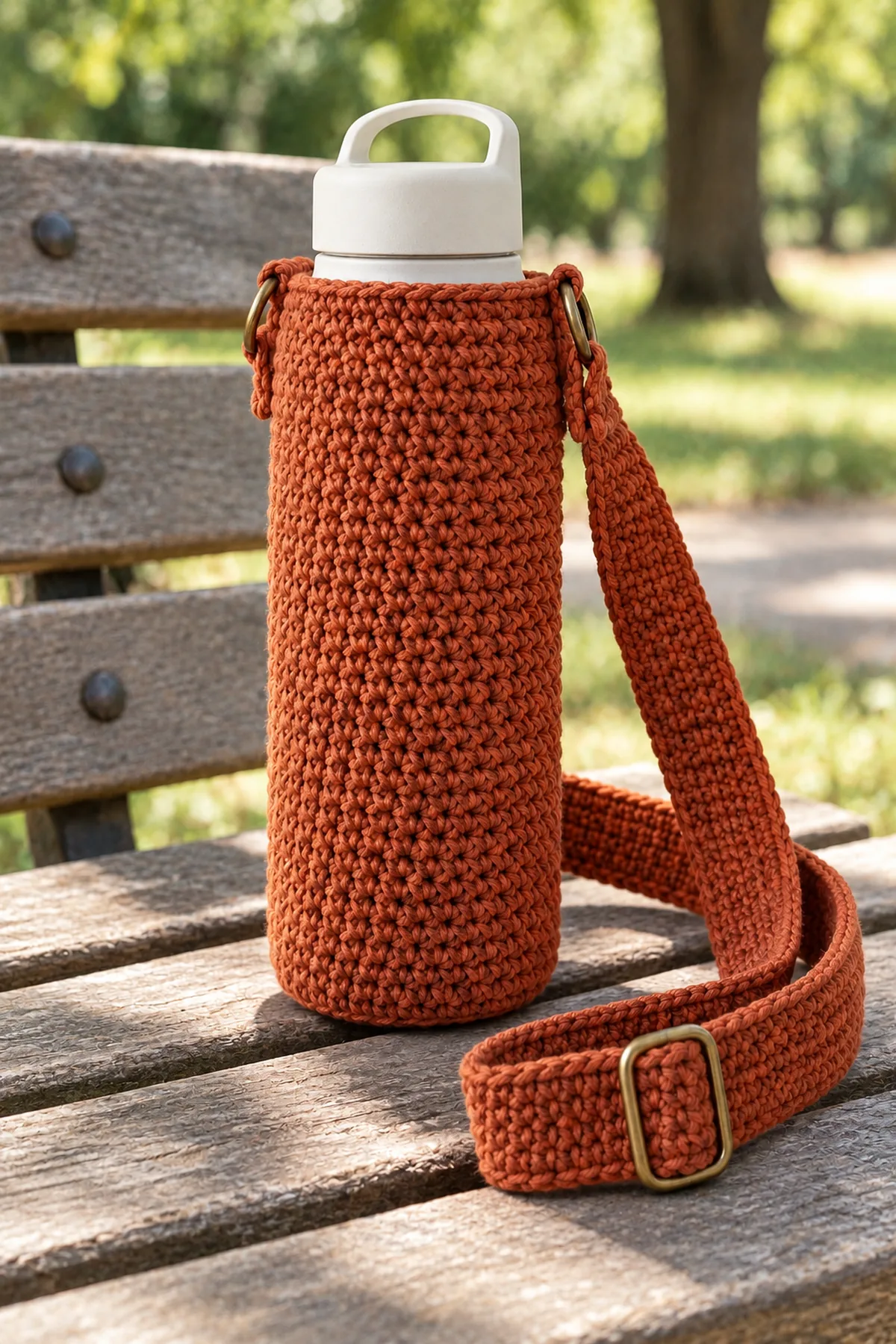 Same rust crochet bottle sling upright holding plain capped lightweight bottle on park bench, broad flat crochet strap and visible slide adjuster arranged beside it, dense linked-dc walls and two reinforced tabs, no person or branding