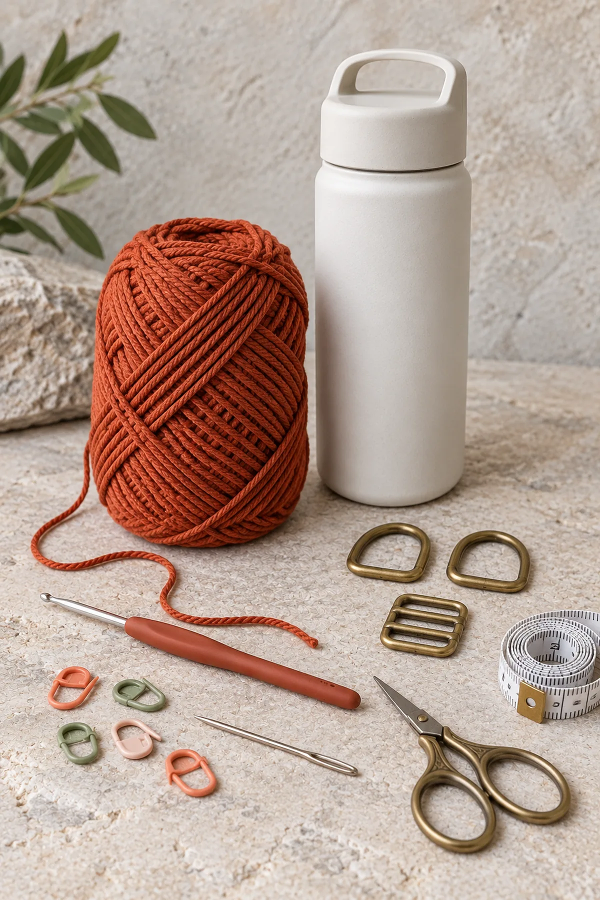 Rust DK cotton yarn,3.5mm hook,two smooth metal D-rings,one matching three-bar slide adjuster,markers,needle,scissors,tape and plain capped lightweight bottle; no finished sleeve