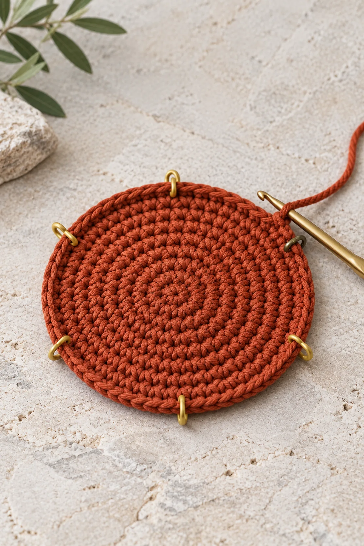 Flat rust cotton crochet circular base with48sc outer edge, six markers, hook at perimeter, no walls or strap yet, pale stone tabletop